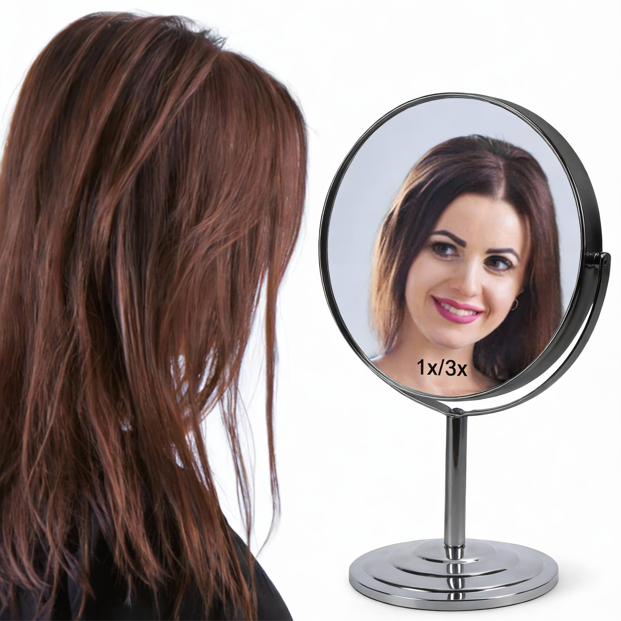 Alt View 1. PO3TICJUNKI3 - 3x Magnifying Vanity Makeup Mirror Double Sided 1x 3x Magnification Tabletop - Silver 12"L x 7"W.