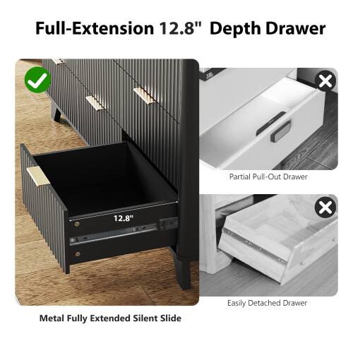 Full-Extension 12.8" Depth Drawer  
Metal Fully Extended Silent Slide  
Easily Detached Drawer  
Partial Pull-Out Drawer