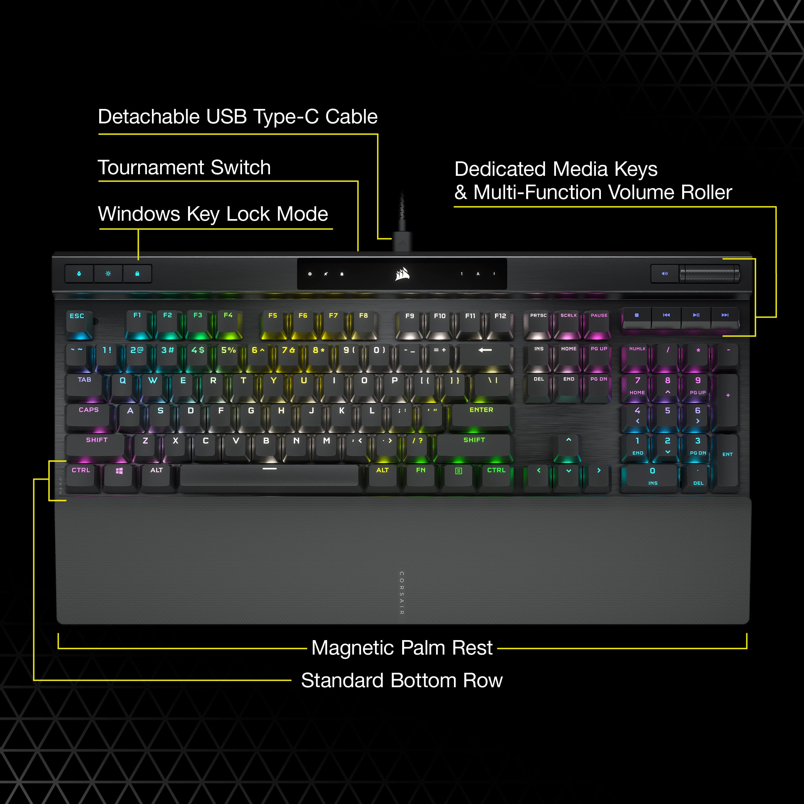 The image features a close-up view of a keyboard with a detachable USB Type-C cable. The keyboard has dedicated media keys and a multi-function volume roller. The keys are labeled with their corresponding functions, such as the Windows key, lock mode, and various other keys. The keyboard also has a magnetic palm rest, providing comfort and stability for the user. The bottom row of keys includes the standard function keys, such as F1, F3, F5, and F7, as well as the arrow keys and other essential keys.