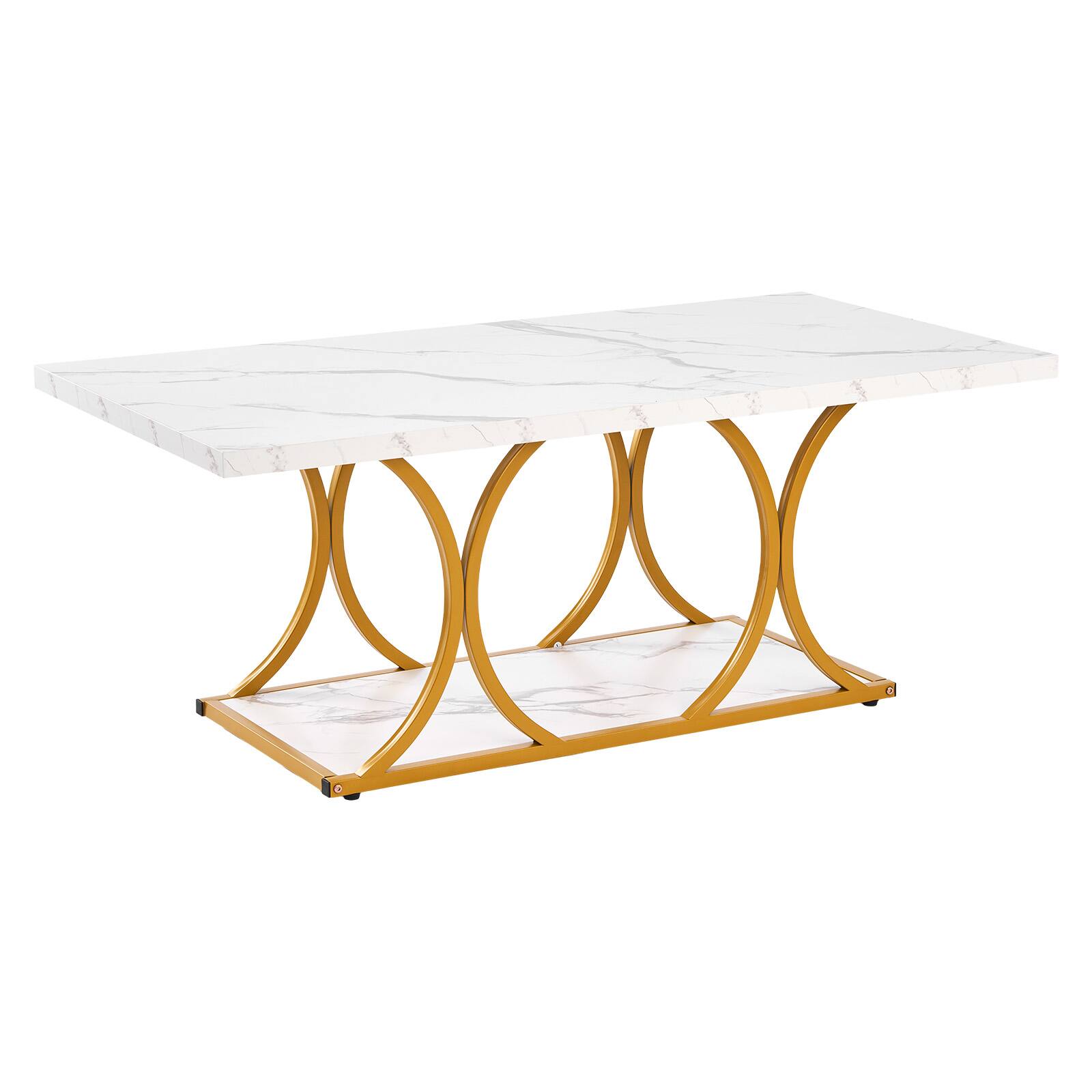 Alt View 5. VEVOR - Coffee Table, Modern Faux Marble Coffee Table, Large 2-Tier Rectangle Center Desk with Geometric Legs,  for Living Room - White+Gold.