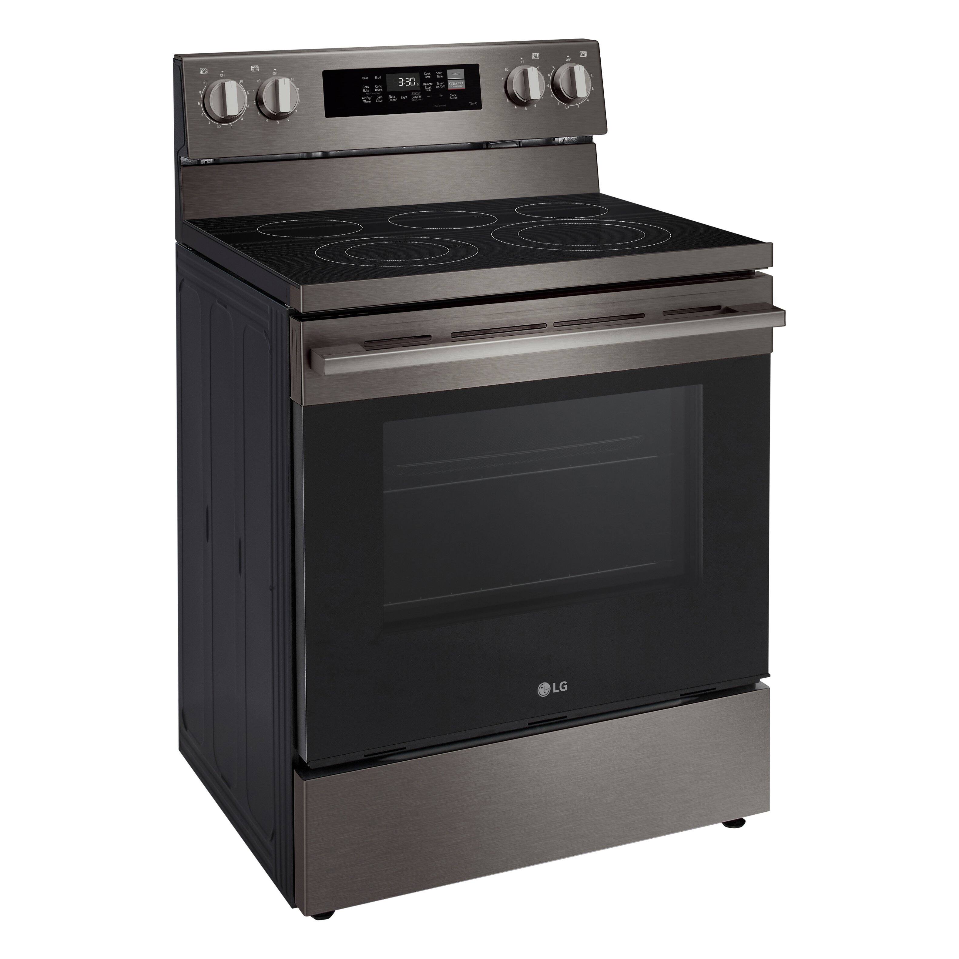 Angle. LG - 6.3 Cu. Ft. Freestanding Electric True Convection Smart Range with Air Fry and Premium Handle - PrintProof Black Stainless Steel.
