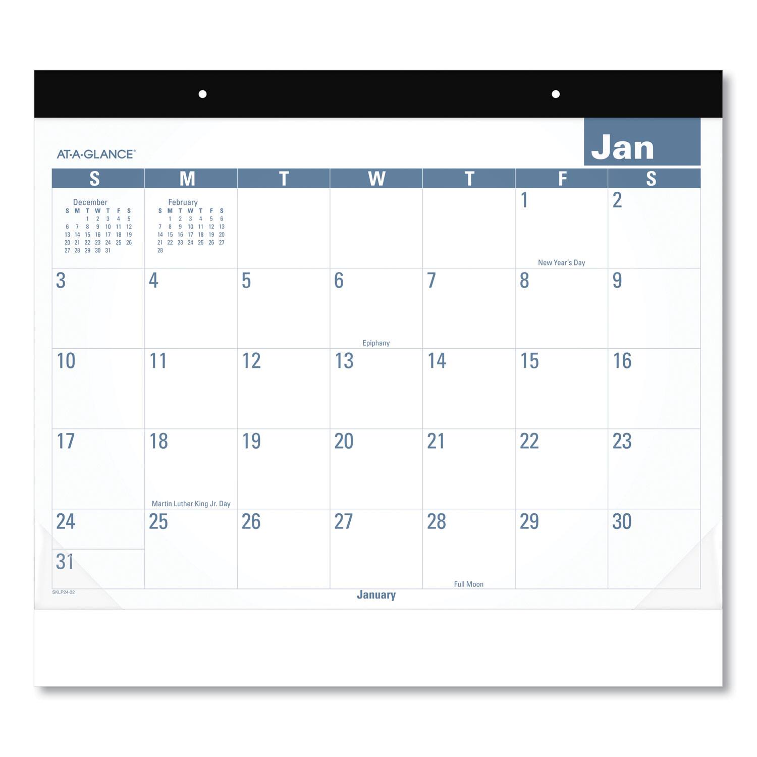 AT-A-GLANCE - Easy to Read Monthly Desk Pad 22 x 17 White Blue Sheets Black Binding Clear Corners 12 Month Jan to Dec 2026