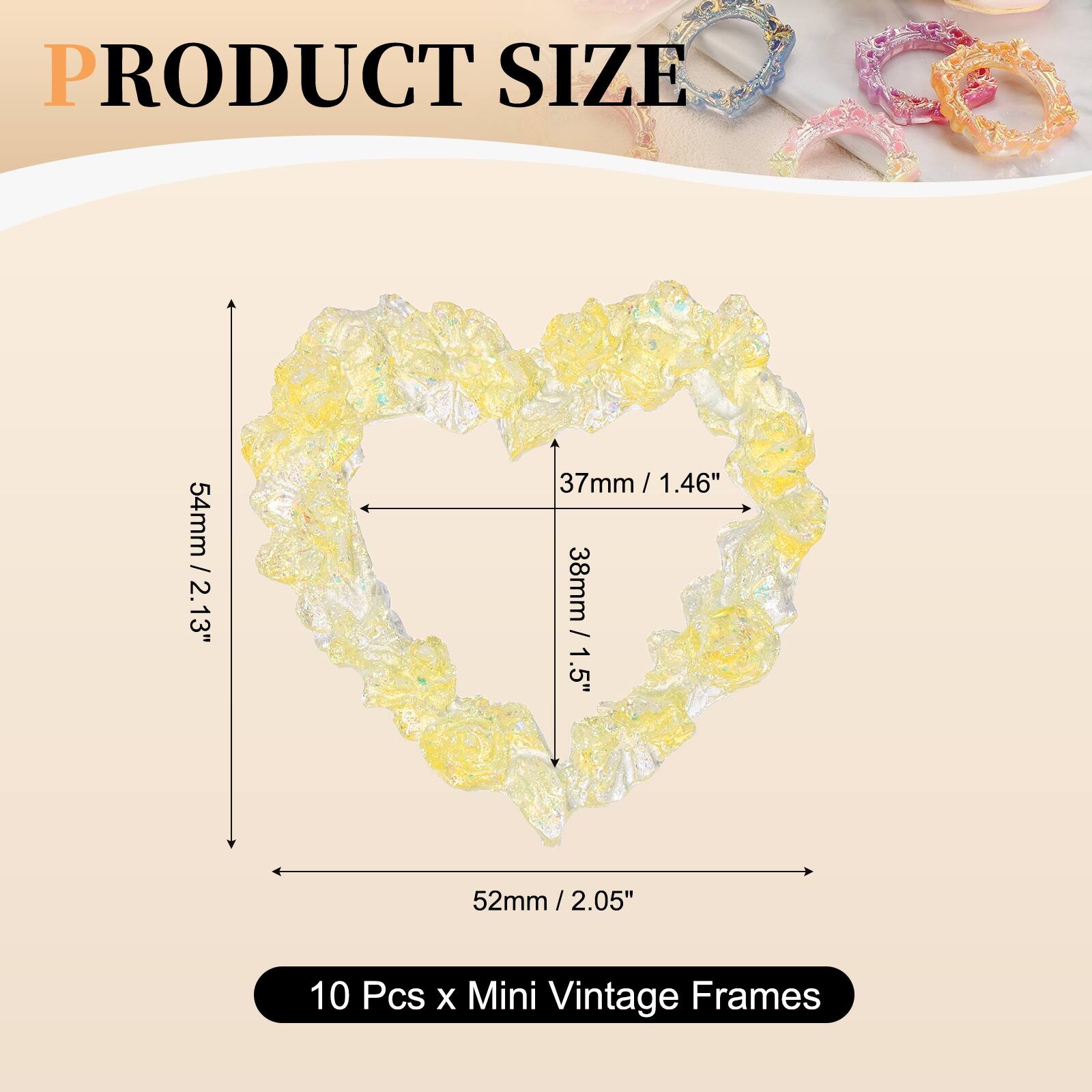PRODUCT SIZE

54mm / 2.13"  
37mm / 1.46"  
38mm / 1.5"  
52mm / 2.05"  

10 Pcs x Mini Vintage Frames