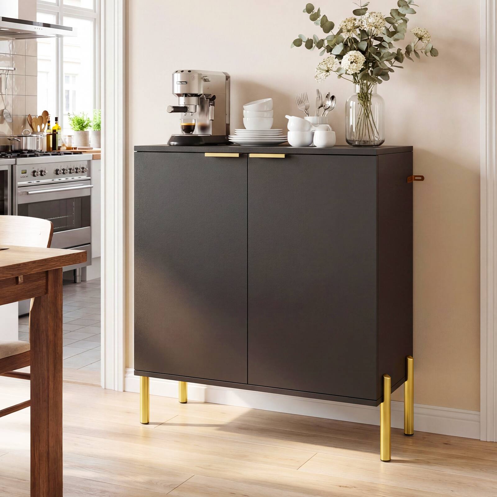 Alt View 3. Gymax - Gymax 2PCS 2-Door Buffet Cabinet Sideboard Cabinet w/ Shelf Metal Legs & Anti-Tipping Kits - Black.