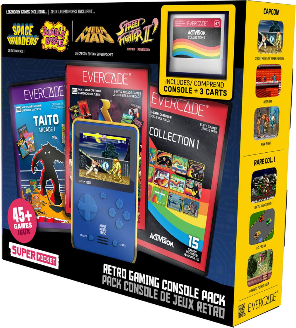 LEGENDARY GAMES INCLUDING...  
JEUX LEGENDAIRES INCLUANT...  

SPACE INVADERS  
ON TAITO ARCADE!  

BUBBLE B33TLE  

MEGA MAN  
ON CAPCOM EDITION SUPER POCKET  

STREET FIGHTER II  
HYPER FIGHTING  

ACTIVISION COLLECTION 1  
15 GAMES JEUX INCLUS  

EVERCADE  
INCLUDES/ COMPREND  
CONSOLE + 3 CARTS  

TAITO ARCADE 1  

EVERCADE  
COLLECTION 1  
8-BIT & ARCADE GAMES  
JEUX 8 BITS & D'ARCADE  

CAPCOM  
STREET FIGHTER HYPER FIGHTING  
MEGA MAN  
FINAL FIGHT  
RARE COL.1  

45+ GAMES JEUX  
SUPER POCKET  

BATTLETOADS (8-BIT)  
MIGHT SELECT TECH: START  

ACTIVISION 15 GAMES RC. PRO-AM JEUX INCLUS INCLUS RETRO GAMING PACK CONSOLE CONSOLE CONKERSPOCKET TALES DE JEUX PACK EVERCADE  

RETRO GAMING CONSOLE PACK  
CONSOLE DE JEUX RETRO