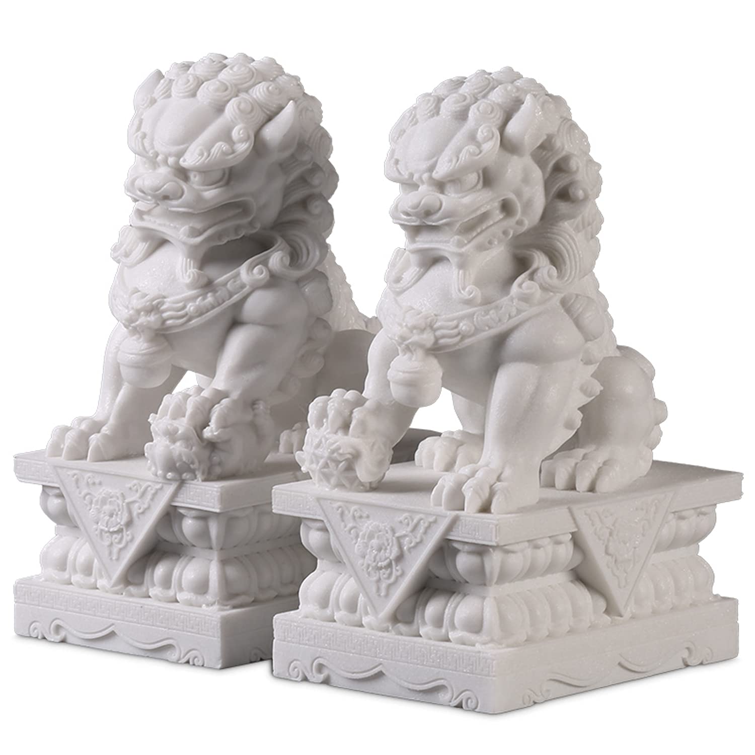 Front. Alchemy Casas - Large Dogs Statues Pair Marble Feng Shui Guardian Lion Home Outdoor Decor For Entrance Housewarming.