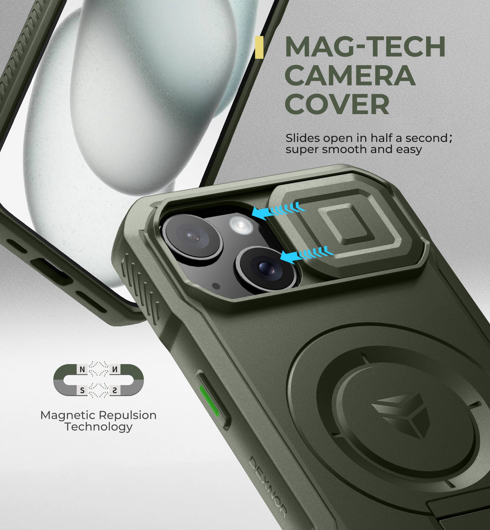 MAG-TECH CAMERA COVER  
Slides open in half a second; super smooth and easy  

Magnetic Repulsion Technology