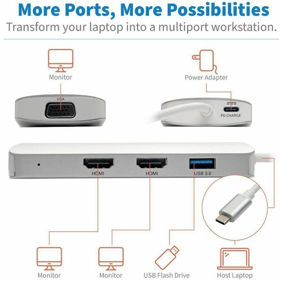 More Ports, More Possibilities  
Transform your laptop into a multiport workstation.

- Monitor (VGA)
- Power Adapter (PD CHARGE)
- HDMI
- HDMI
- USB 3.0
- Monitor
- Monitor
- USB Flash Drive
- Host Laptop