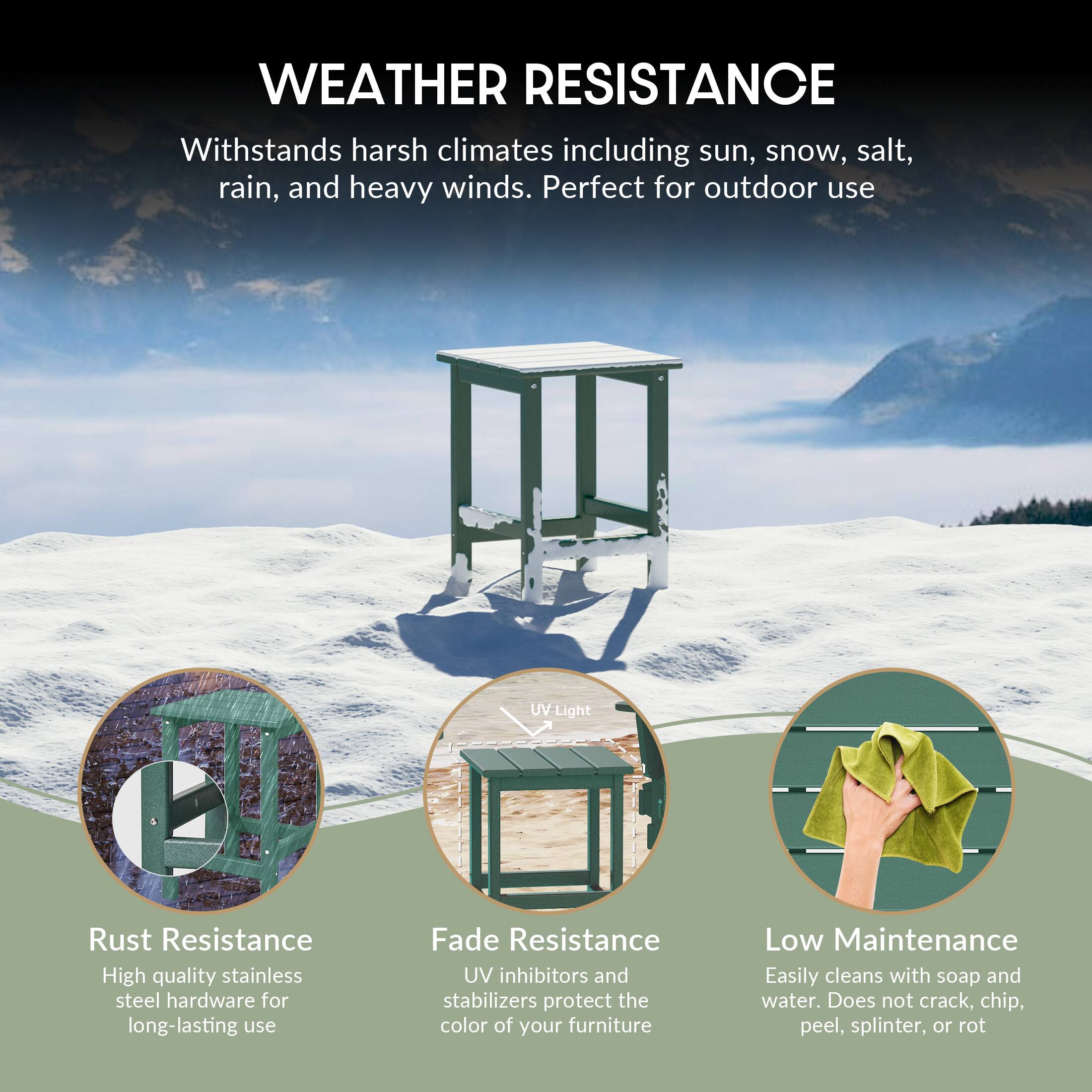 WEATHER RESISTANCE  
Withstands harsh climates including sun, snow, salt, rain, and heavy winds. Perfect for outdoor use.

Rust Resistance  
High quality stainless steel hardware for long-lasting use.

Fade Resistance  
UV inhibitors and stabilizers protect the color of your furniture.

Low Maintenance  
Easily cleans with soap and water. Does not crack, chip, peel, splinter, or rot.