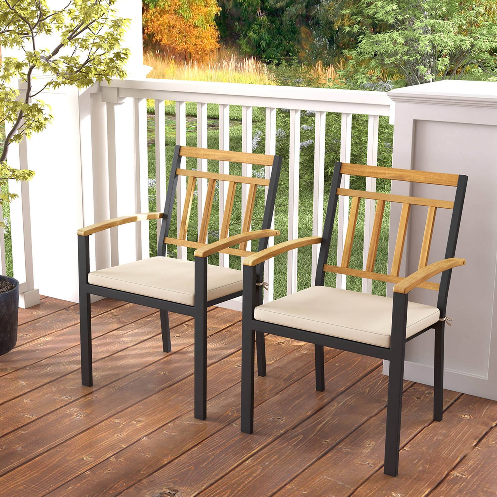 Back. Costway - Patio Dining Chairs Set of 4 Metal Outdoor Chairs with Removable Padded Cushions - Black + Natural.