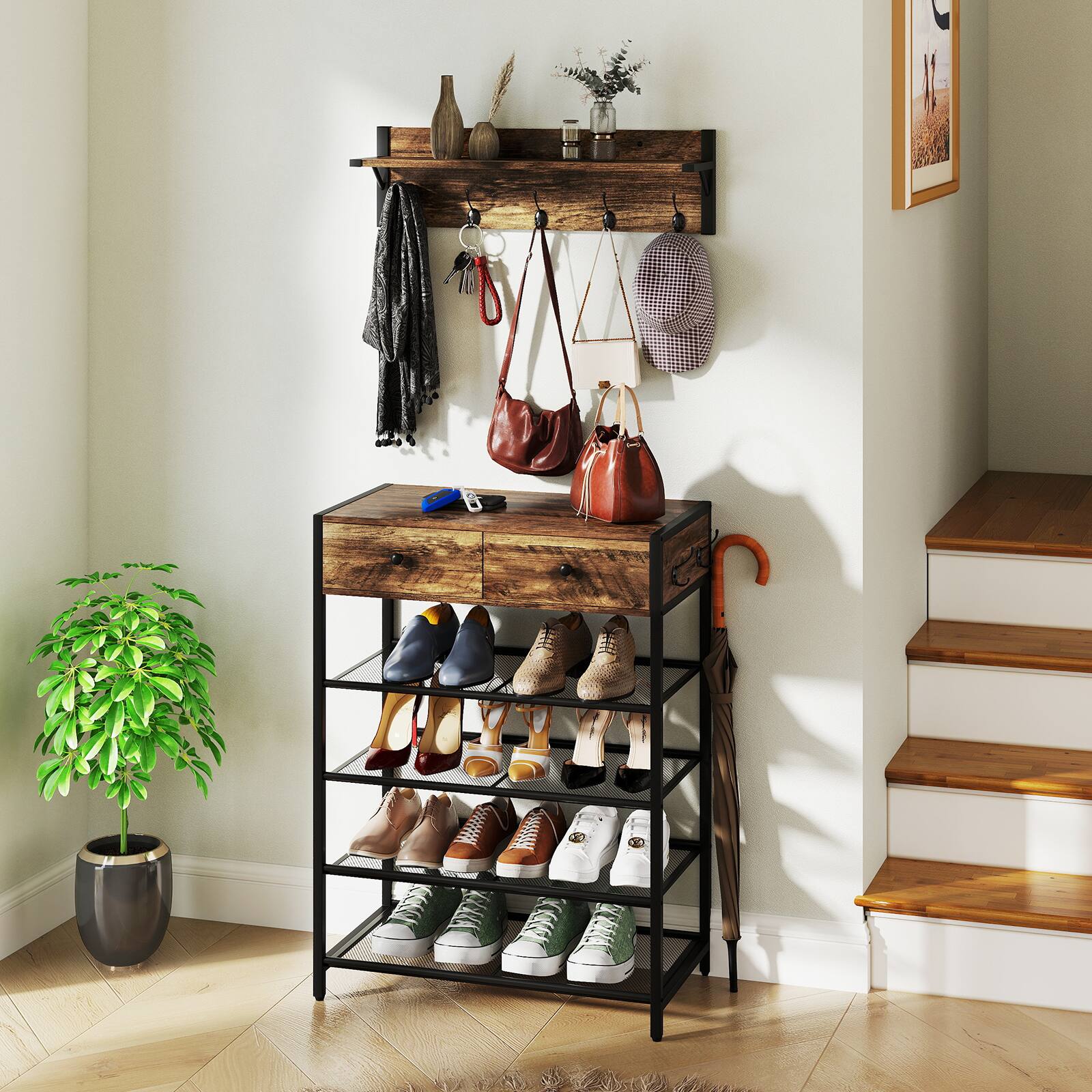 Alt View 3. Gymax - Gymax 5-Tier Shoe Rack w/ Wall-Mounted Coat Rack Hooks Drawers & Shelves for Bedroom - Brown, Black.