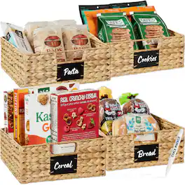 Best Choice Products - Set of 4 13in Woven Water Hyacinth Pantry Baskets w/ Chalkboard Label, Chalk Marker - Natural