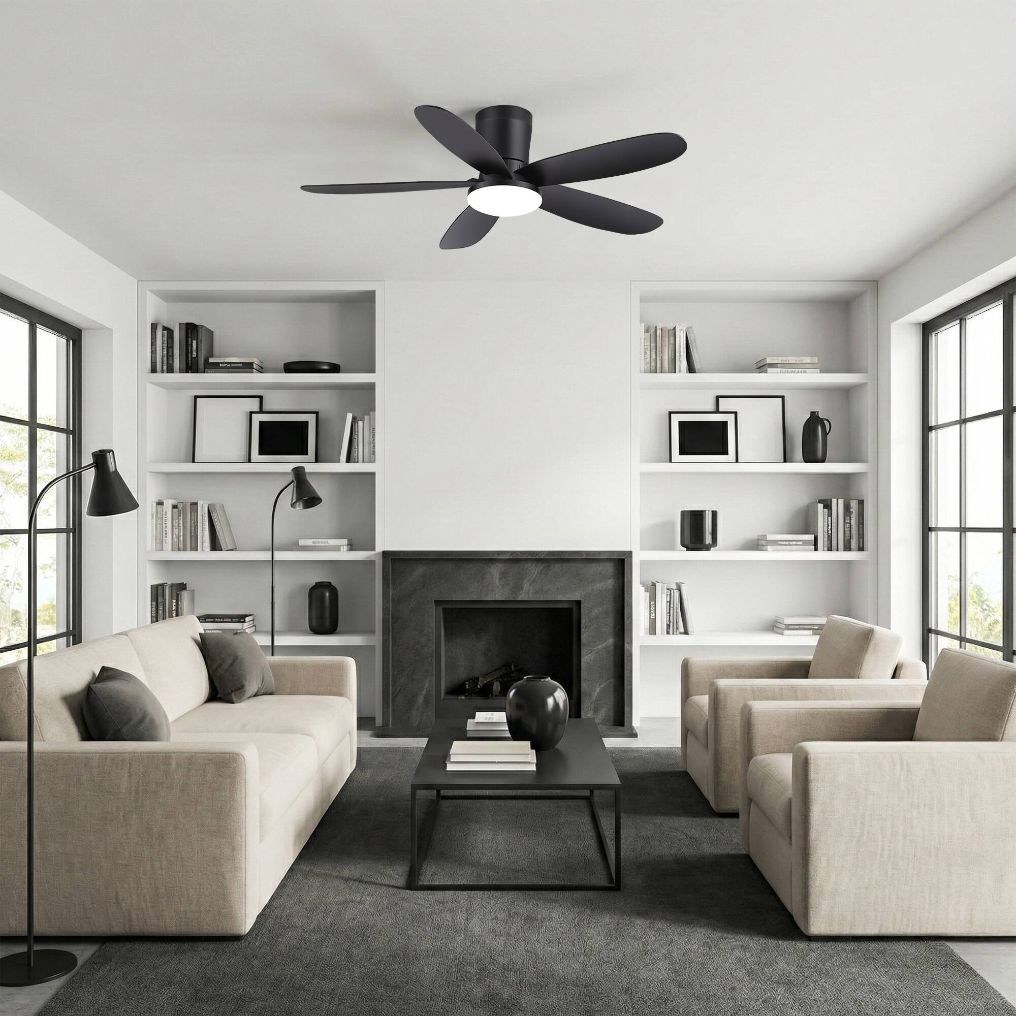 Alt View 1. Breezary - 42-Inch Modern Ceiling Fan with Acrylic Shade, Dimmable LED Light, 3 CCT, 6-Speed Remote, Timer, Flush Mount, ABS Blades - 42-Inch Black Ceiling Fan.