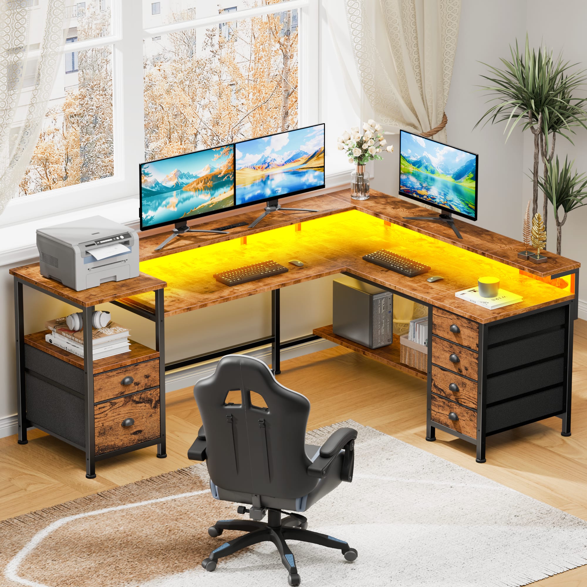 Front. Furologee - L-Shaped Computer Desk With Led Lights And Power Outlets  Gaming Desk With Monitor Stand Home Office Writing Desk With 5 - Brown.