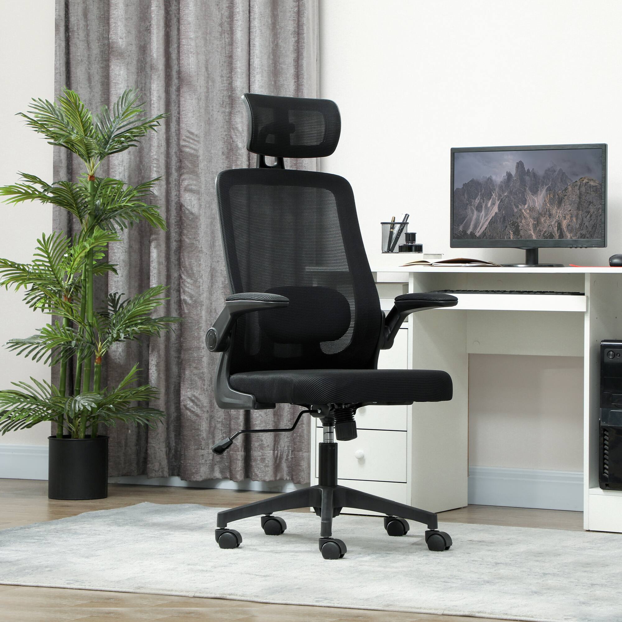 Alt View 1. Homcom - Office Chair, High Back Desk Chair with Flip-up Armrest, Rotatable Headrest, Tilt Function, Swivel Wheels - Black.