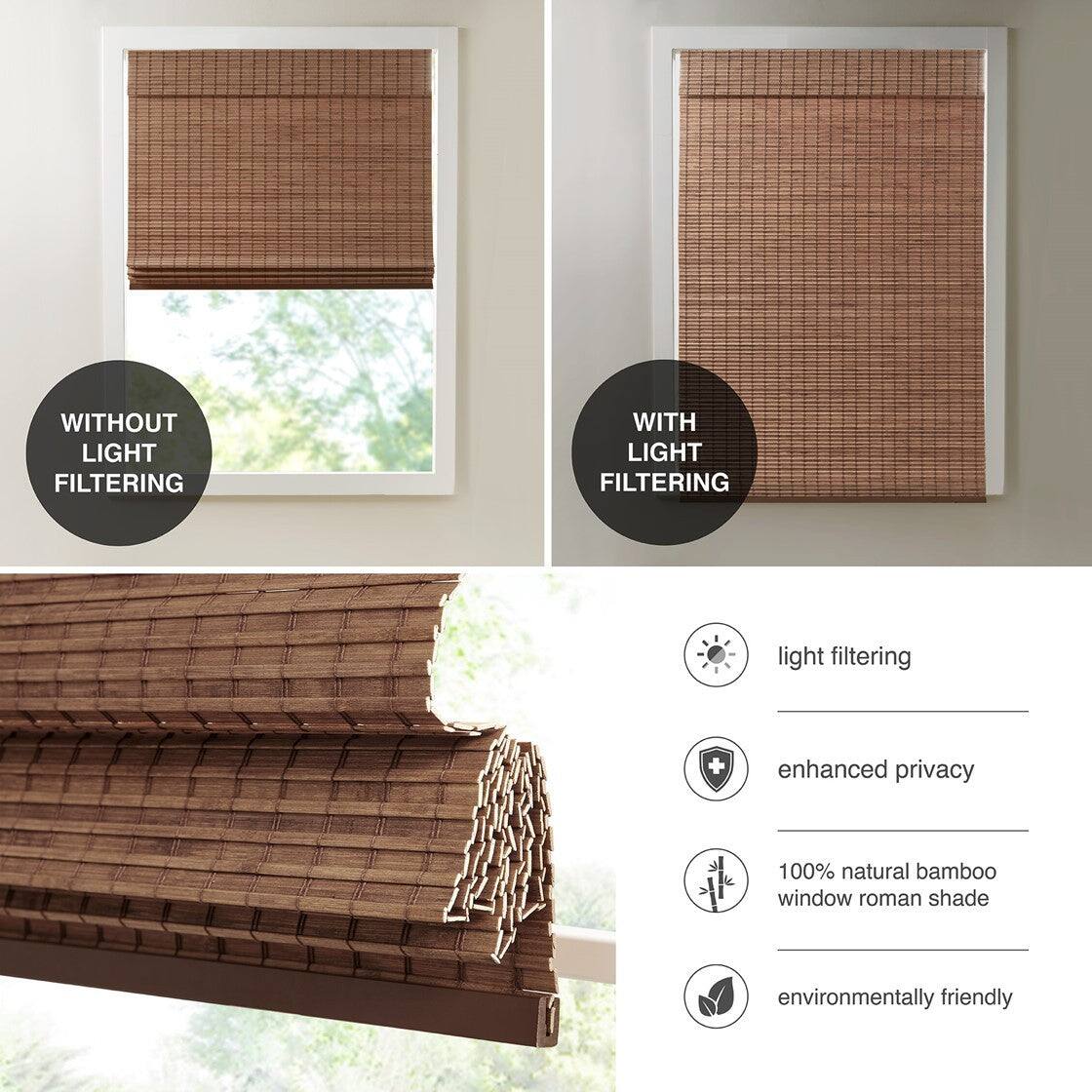 WITHOUT LIGHT FILTERING  
WITH LIGHT FILTERING  

light filtering  
enhanced privacy  
100% natural bamboo window roman shade  
environmentally friendly