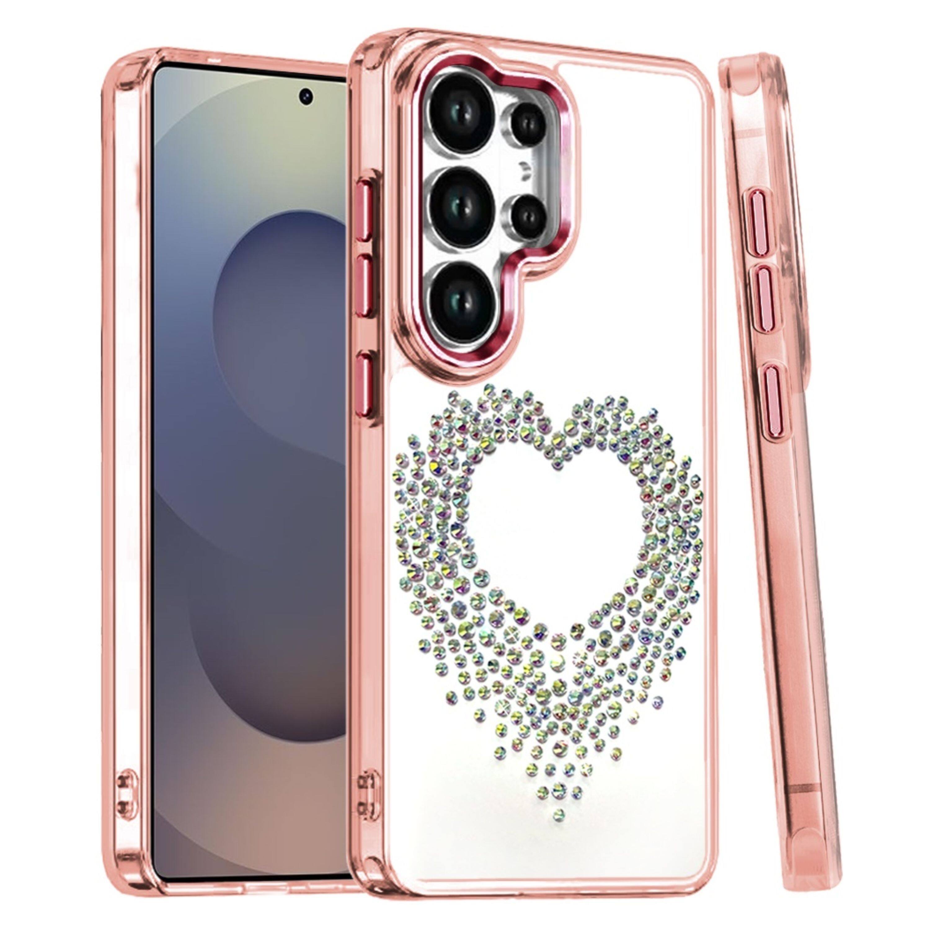 Left. Kitcheniva - Heart Shaped Rhinestones Clear Phone Cover With Tempered Glass For Samsung Galaxy S25 Ultra Rose Gold - Rose Gold.