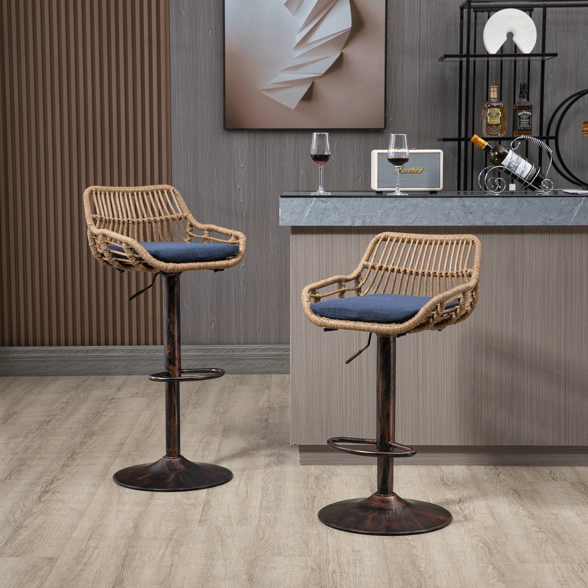 Alt View 1. HTUTWOO - Rattan Bar Stools Set of 2, Adjustable Counter Height Chairs, 360° Swivel Barstools with Linen Cushion for Dining Room - Blue.