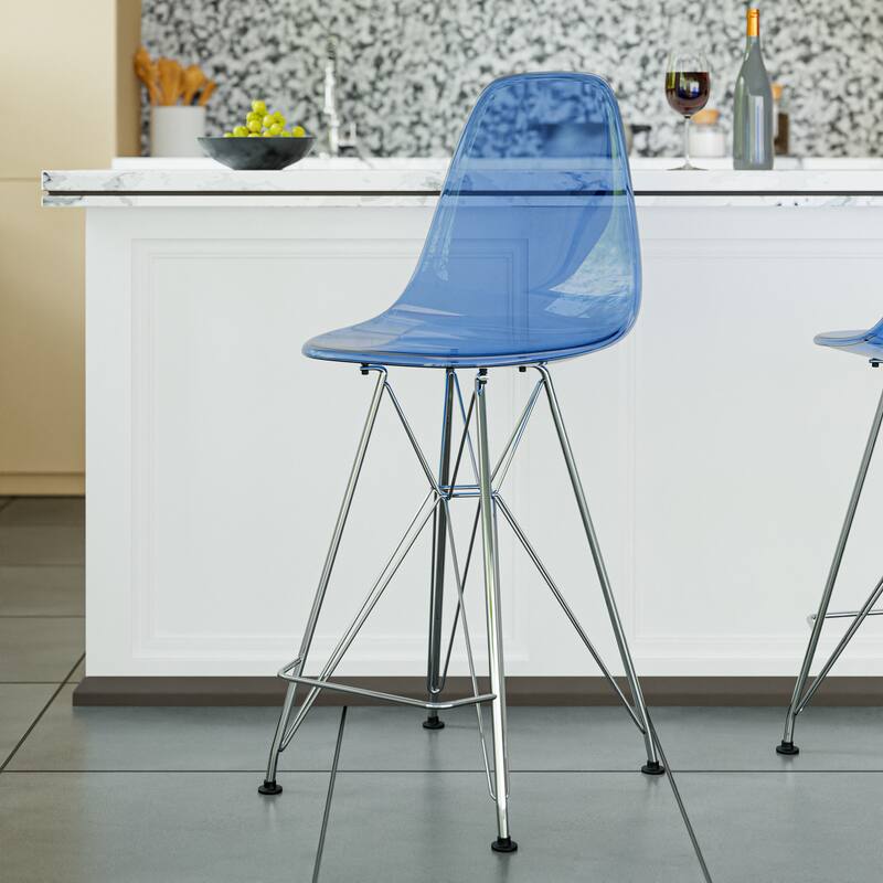 Left. LeisureMod - Cresco Modern Acrylic Barstool, Clear Swivel Counter Height Stool with Chrome Base Footrest - Transparent Blue.