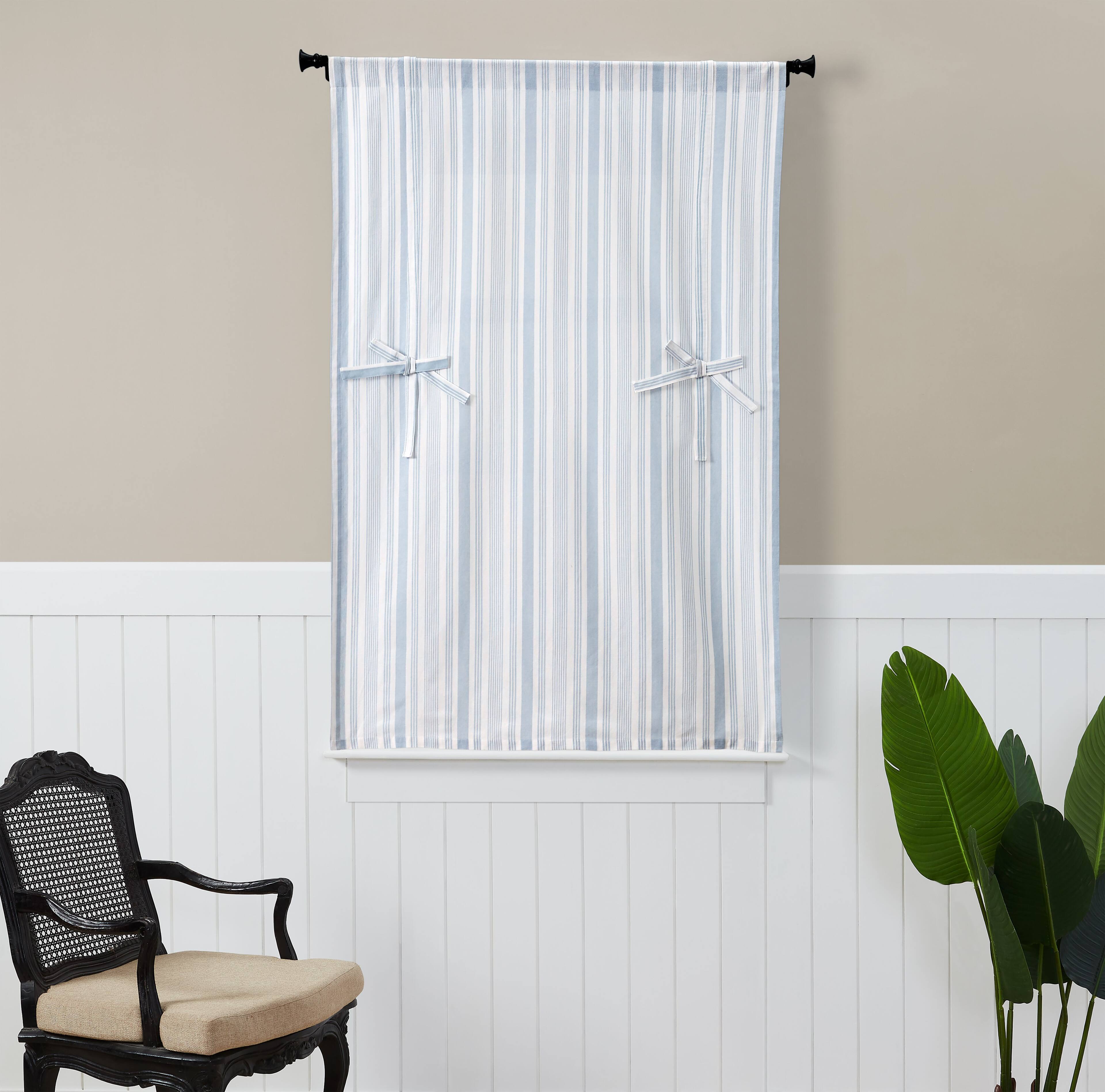 Angle. Kate Aurora - Kate Aurora Country Farmhouse Cotton Striped Tie Up Window Curtain - 63 in. Long - Blue - Blue.