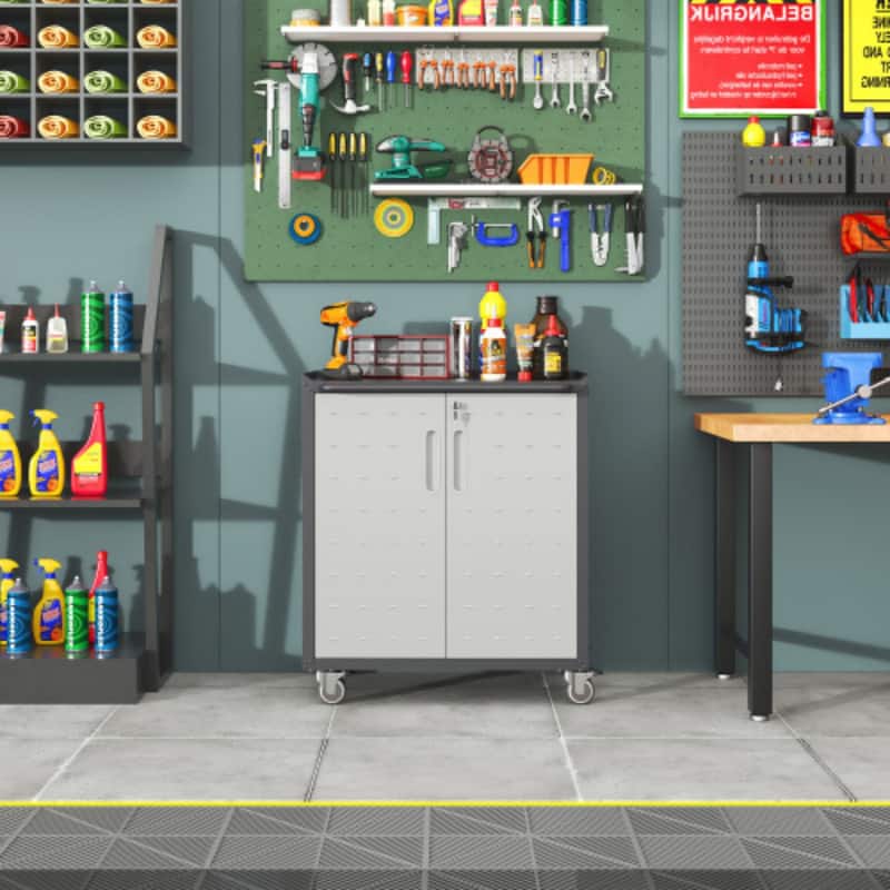 ALEXOUN - Heavy-Duty Metal Garage Storage Cabinet with Wheels, Lockable and Adjustable Shelves for Garage, Office, Home - Gray