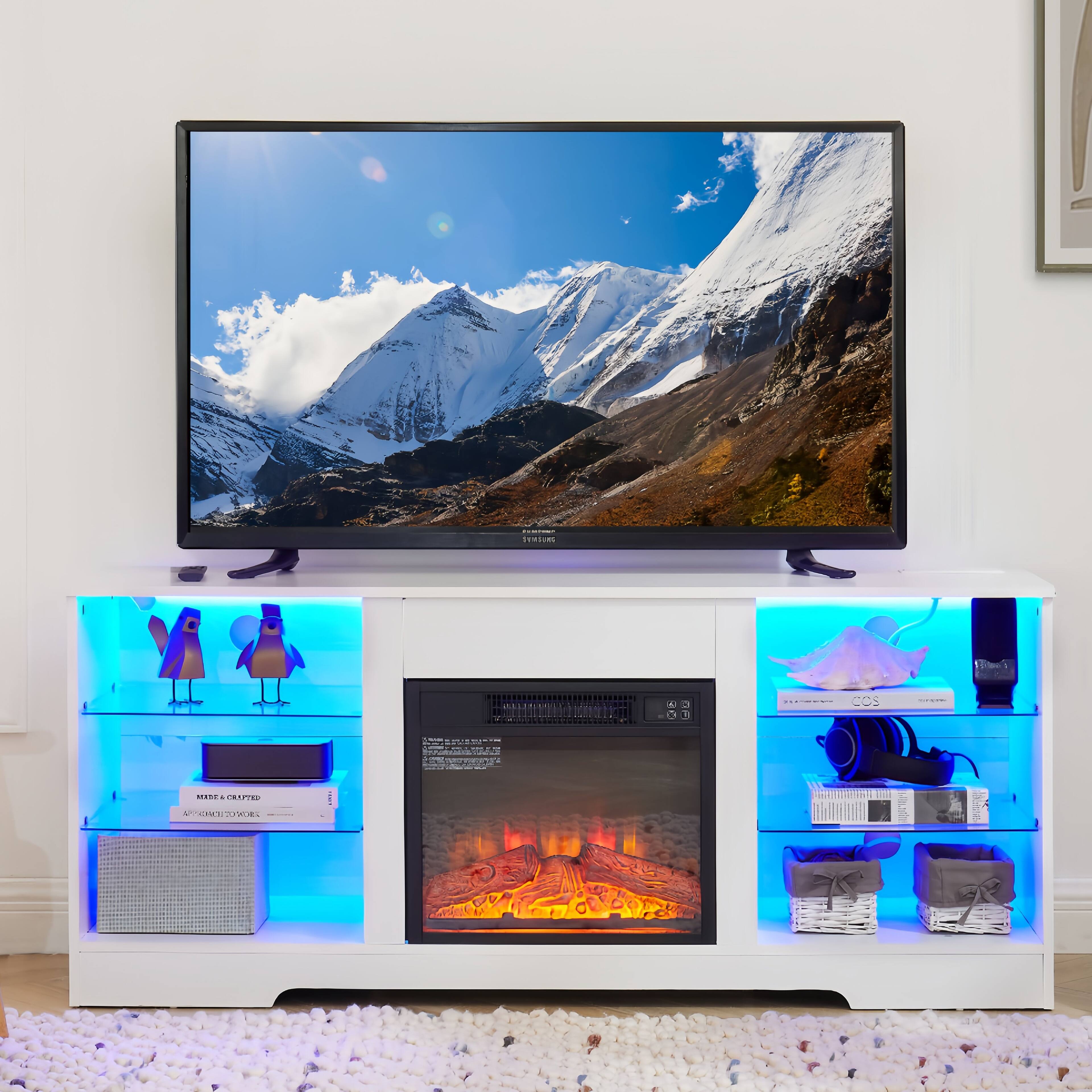 Boyel Living - 58In Wood TV Stand with Electric Fireplace Glass Shelves LED Lights USB Charging Fits 62In TV - White
