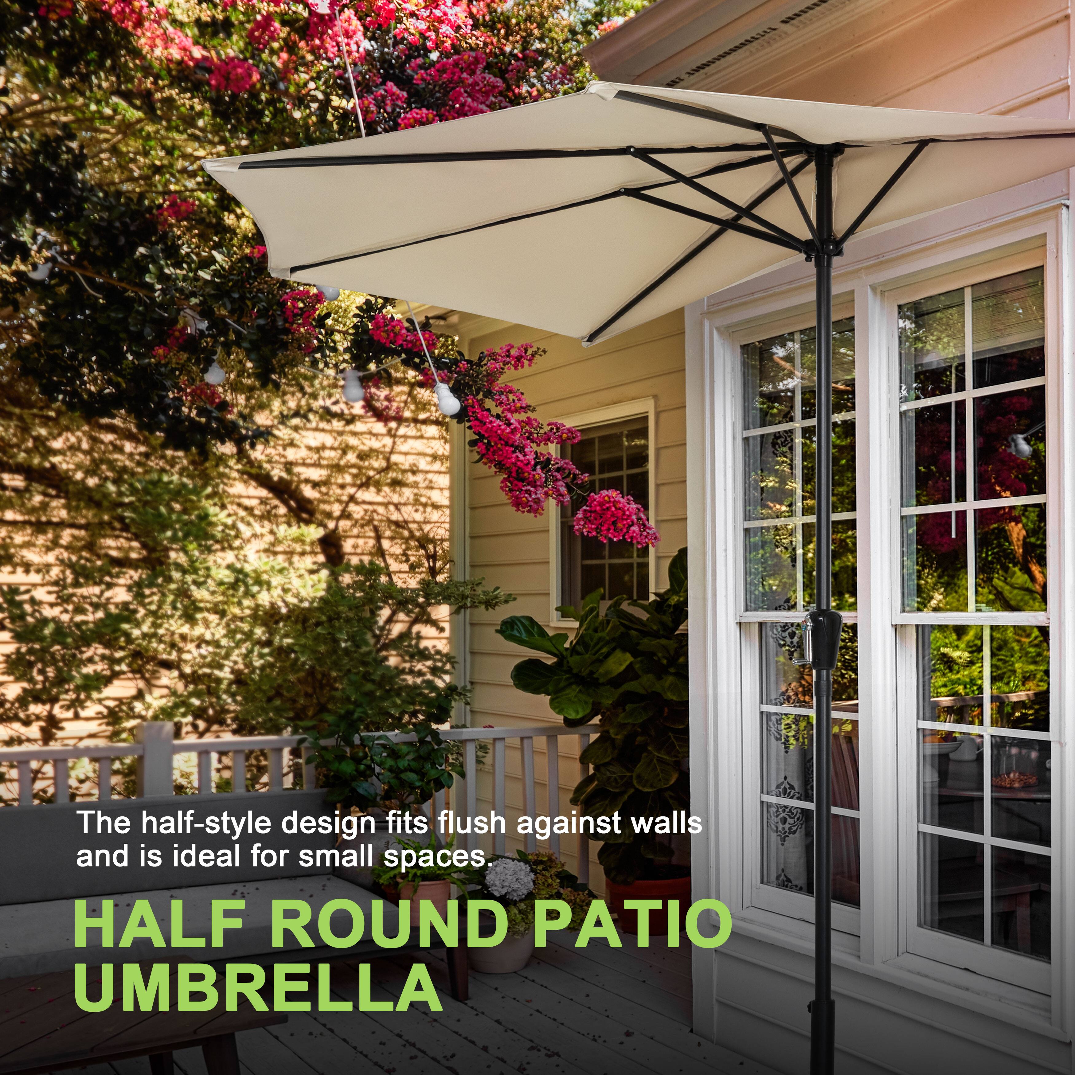 The half-style design fits flush against walls and is ideal for small spaces.

HALF ROUND PATIO UMBRELLA