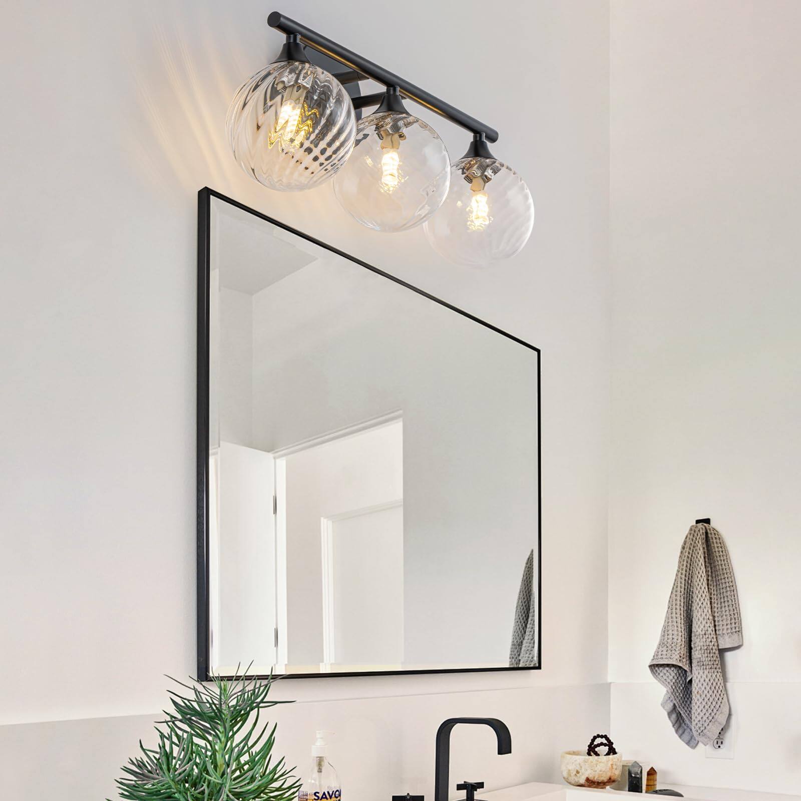 Alt View 5. HM 1810 - Brushed Nickel Bathroom Light Fixtures Modern Vanity Lights Over Mirror With Bubble Globe Clear Glass Shade - Black.