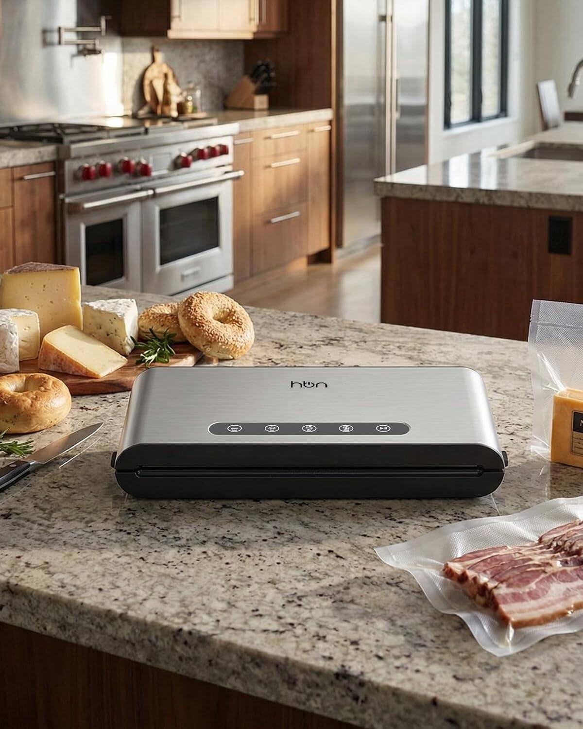 Angle. HBN - HBN Commercial Vacuum Sealer, Automatic, Built-in Cutter & Bag Storage, Hands-Free Lid, Stainless Steel - Silver.