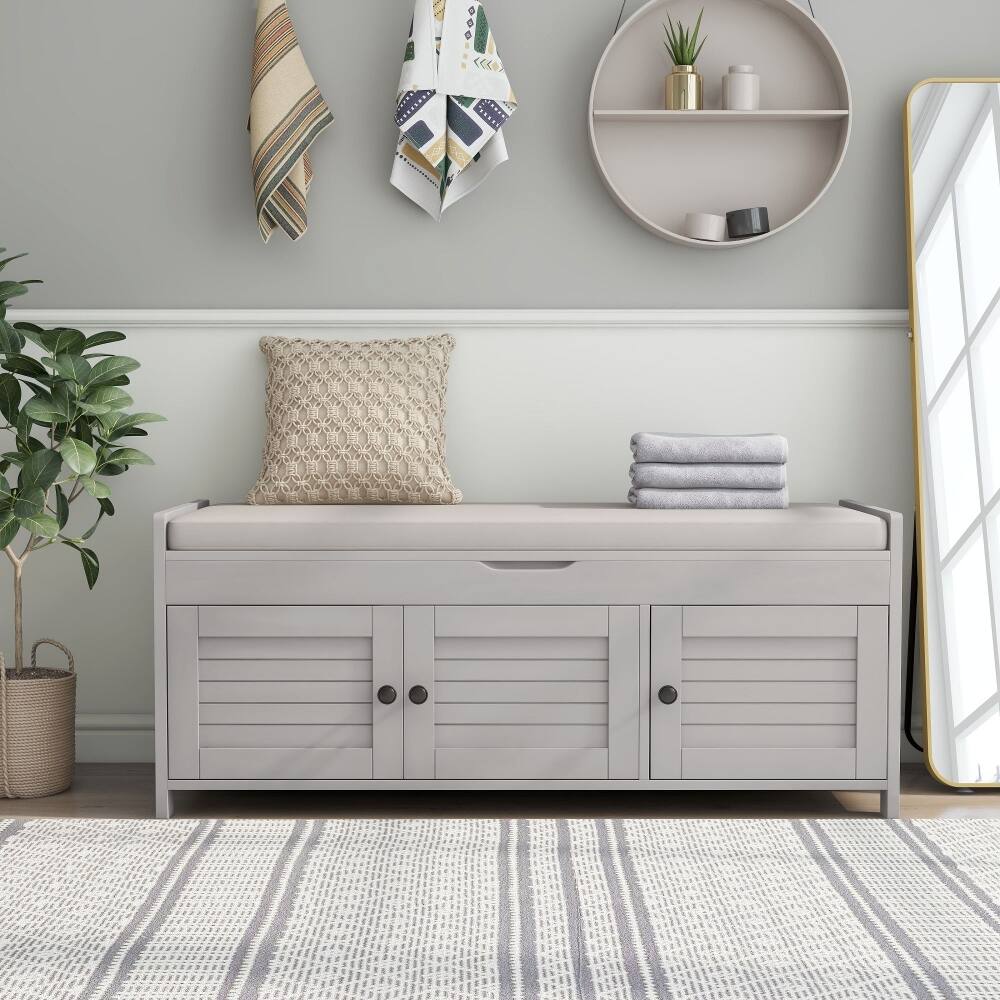 Alt View 8. Ropilly - Ropilly Gray Wash Storage Bench with Shutter Doors Removable Cushion and Hidden Storage Entryway Shoe Bench - Gray Wash.