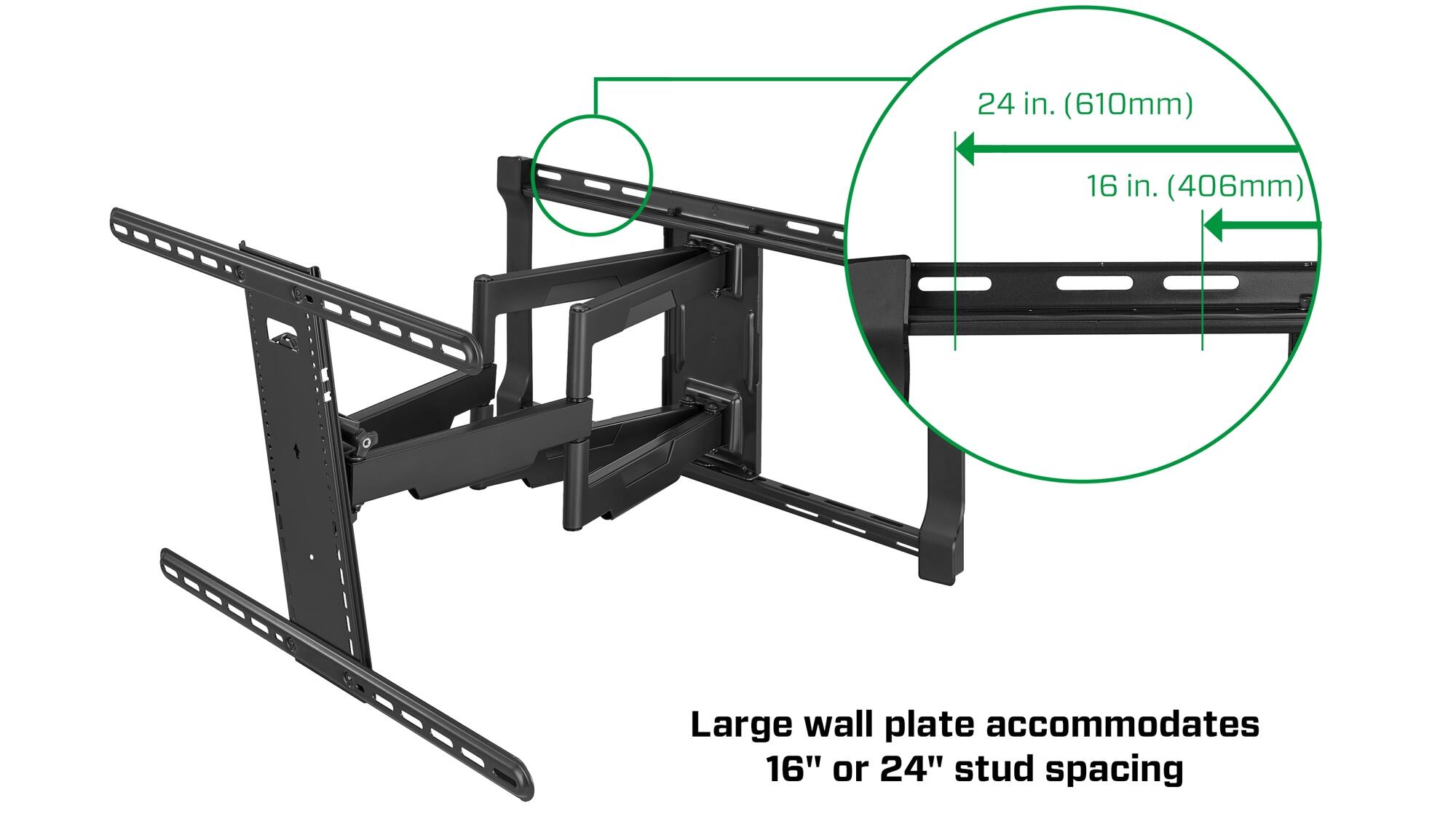The image shows a large wall plate that can accommodate 16" or 24" stud spacing. This plate is designed to fit securely on a wall and provide a stable support for a television or other equipment. The plate measures 24 inches (610mm) in length and 16 inches (406mm) in width, making it suitable for various wall-mounting needs.
