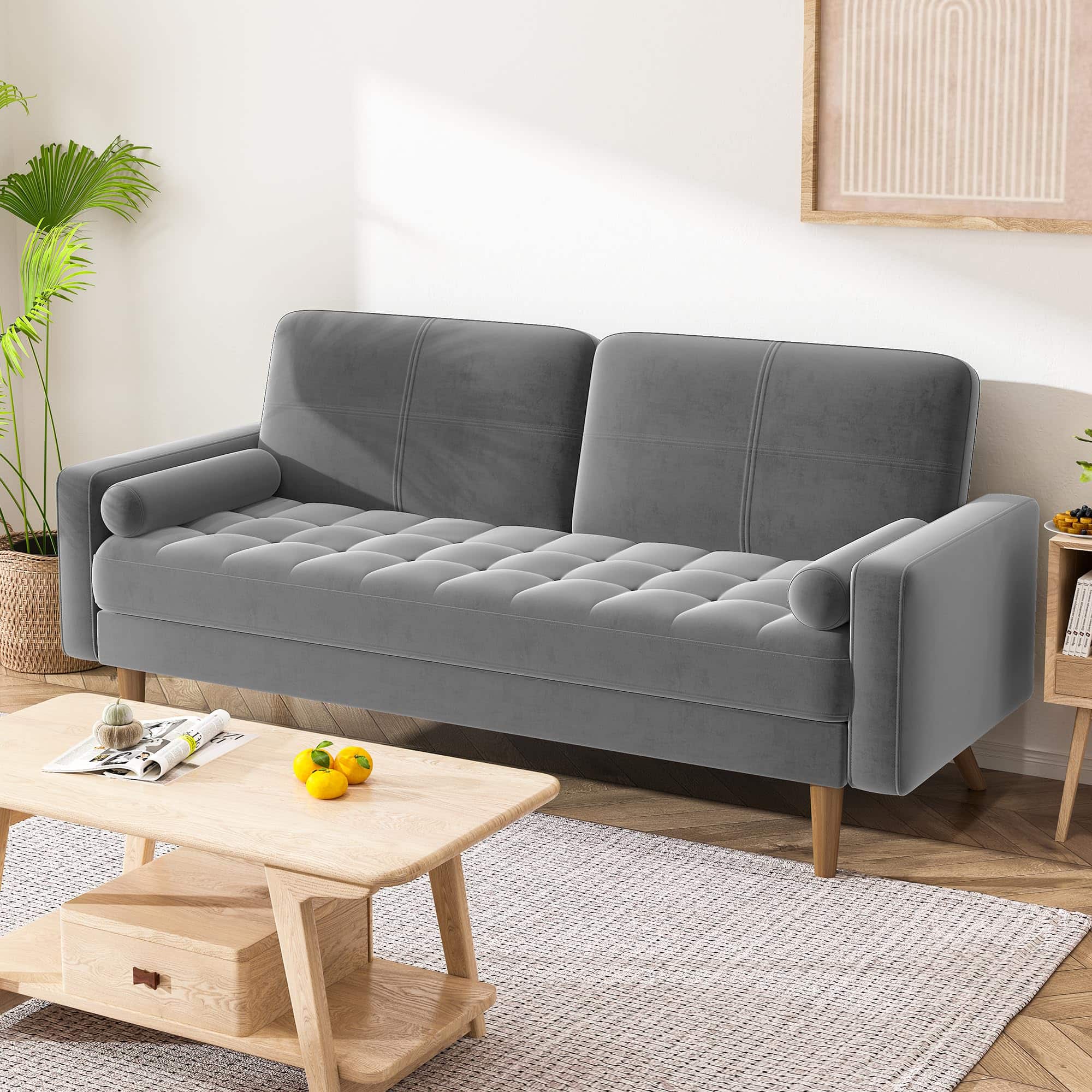 Vipbear - 68"Loveseat Couch  Sofa Velvet Mid Century Modern Sofa Couch with Solid Wood Legs,Gray - Gray