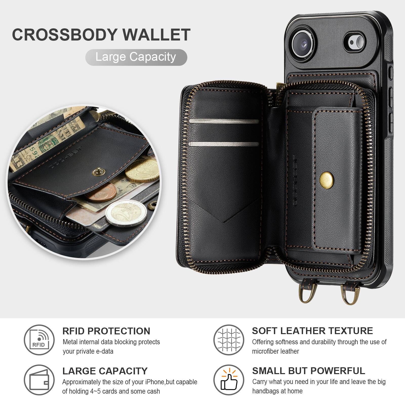 CROSSBODY WALLET

Large Capacity

RFID PROTECTION
Metal internal data blocking protects your private e-data

LARGE CAPACITY
Approximately the size of your iPhone, but capable of holding 4-5 cards and some cash

SOFT LEATHER TEXTURE
Offering softness and durability through the use of microfiber leather

SMALL BUT POWERFUL
Carry what you need in your life and leave the big handbags at home