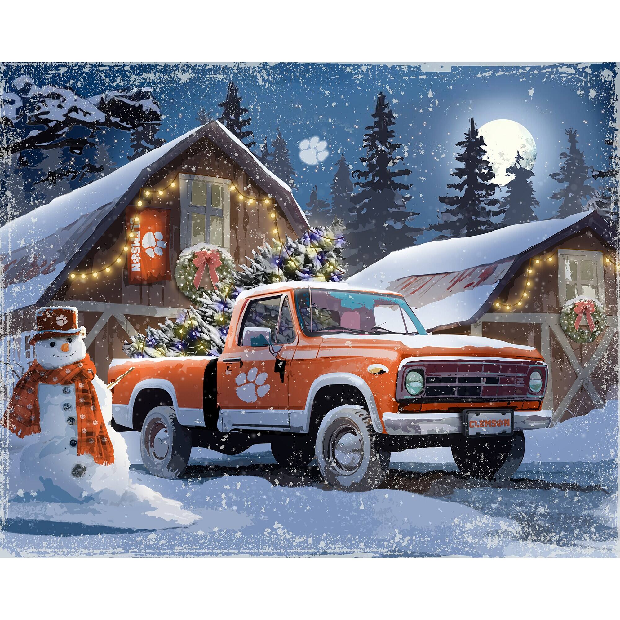 The text on the image reads:

- "CLEMSON" (on the truck's license plate)
- "CLEMSON" (on the banner hanging on the house)