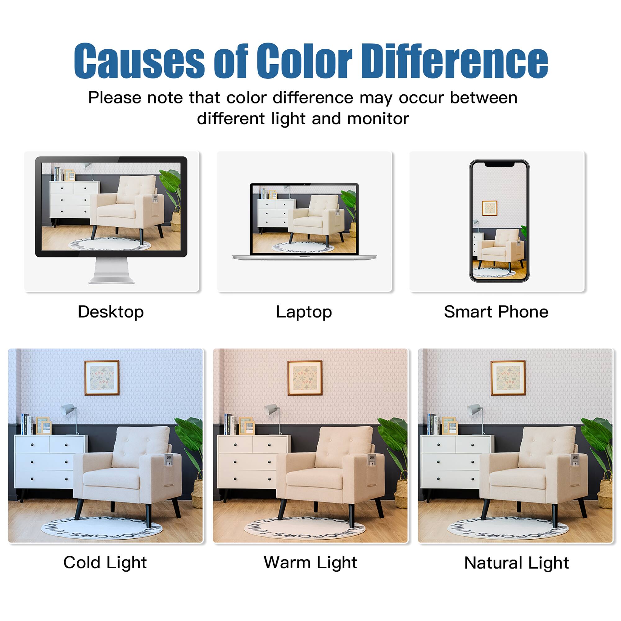 Causes of Color Difference: Please note that color difference may occur between different light and monitor. Desktop, Laptop, Smart Phone, Cold Light, Warm Light, Natural Light.