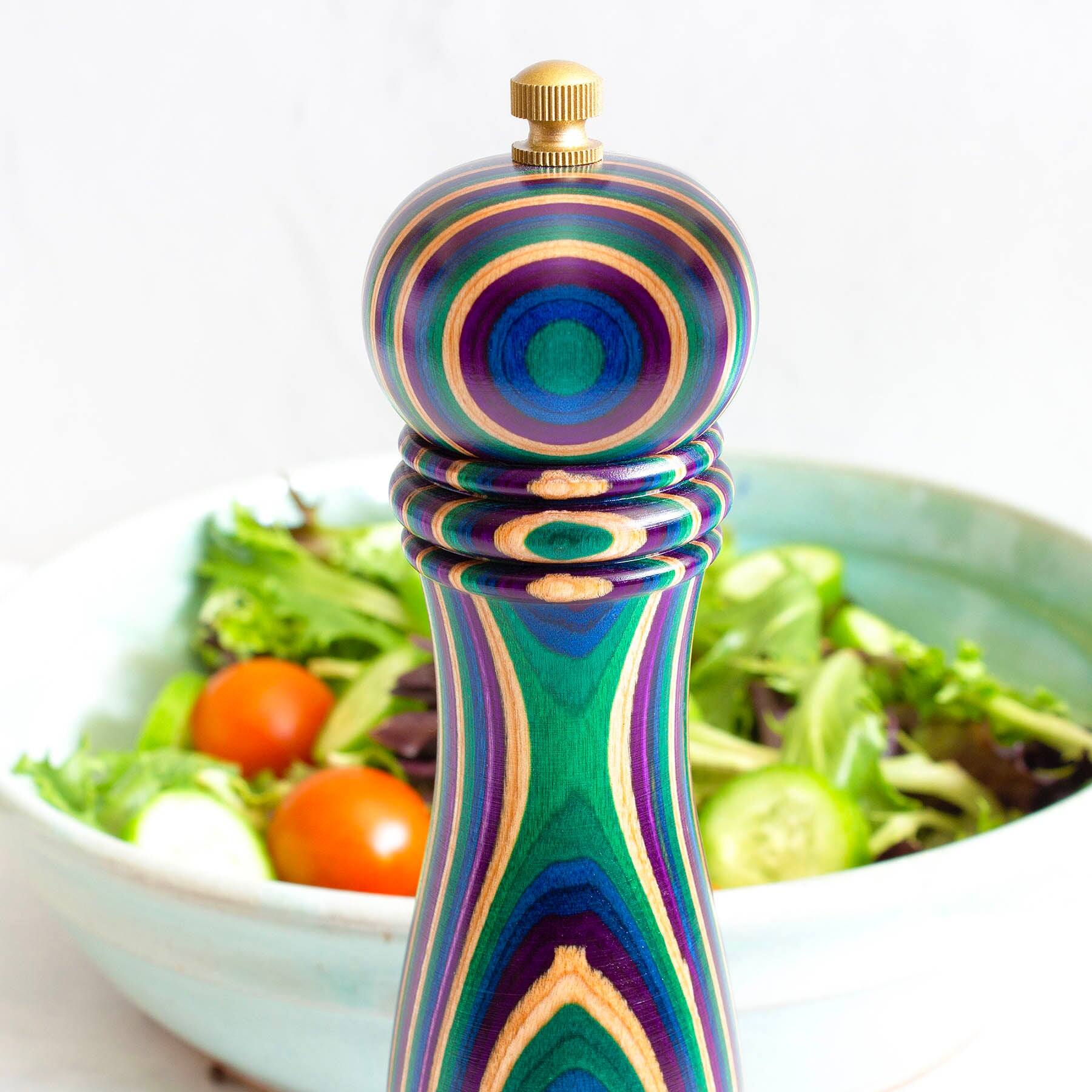 Left. Baltique - Mumbai Collection Refillable Pepper Grinder - Purple, Green, Blue.
