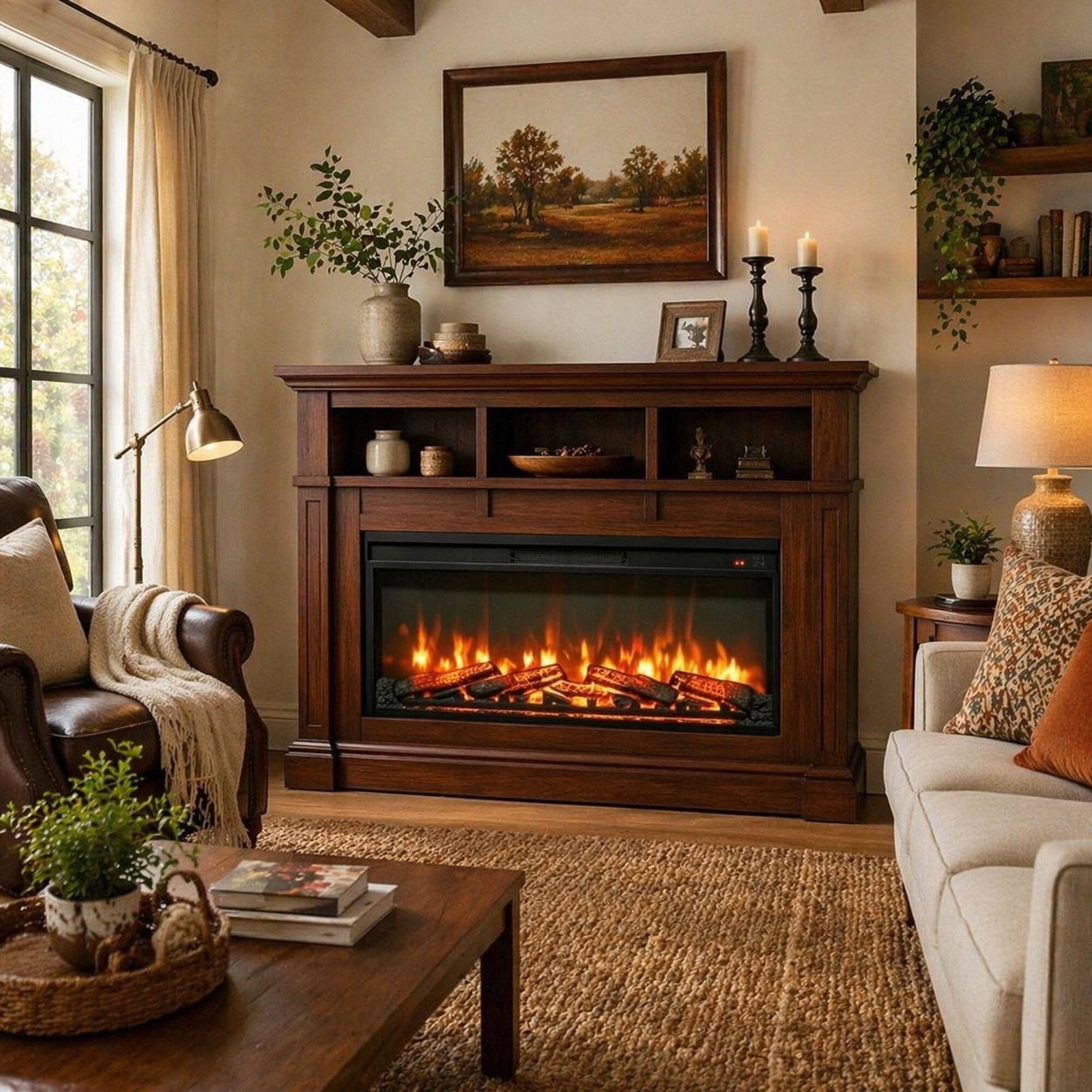 Angle. RYHNUYNE - 42" Electric Fireplace Insert – Ultra Thin Heater with Log Set, Realistic Flame, Remote Control & Timer - Antique Black.