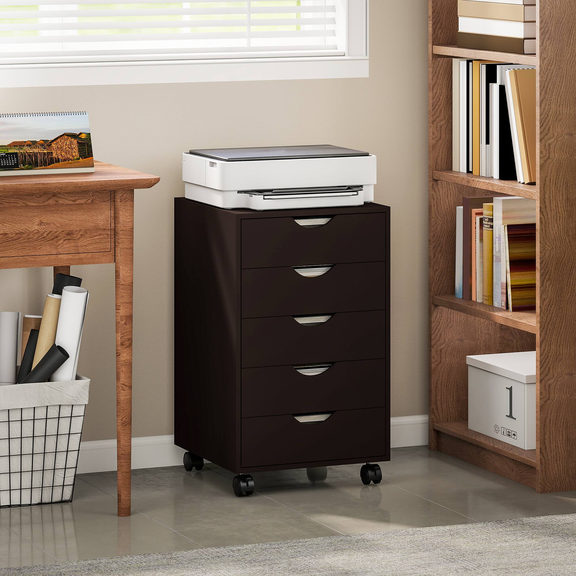 Alt View 1. Homcom - 5 Drawer File Cabinet Storage Organizer Filing Cabinet with Nordic Minimalist Modern Style & Wheels.