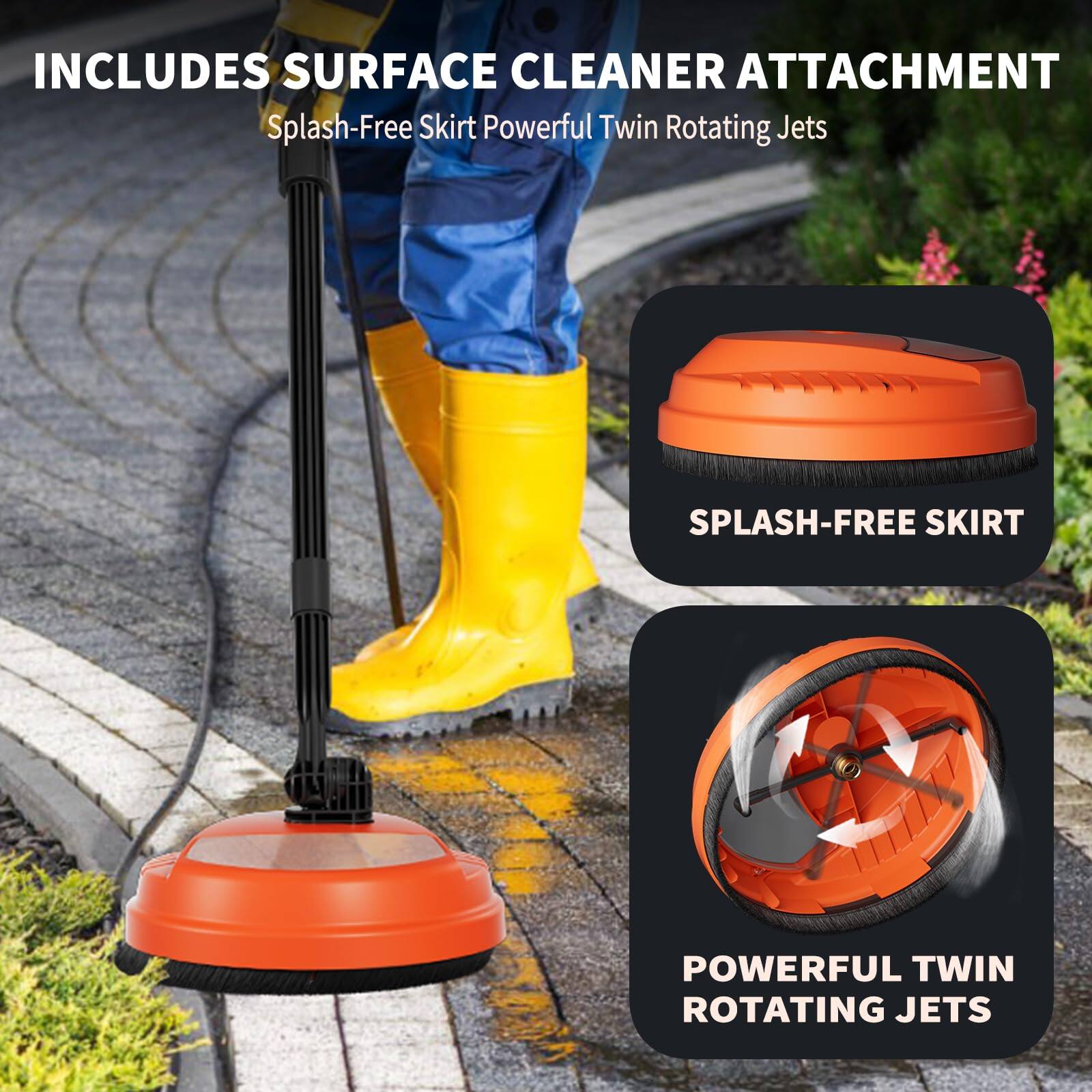 INCLUDES SURFACE CLEANER ATTACHMENT Splash-Free Skirt Powerful Twin Rotating Jets
SPLASH-FREE SKIRT
POWERFUL TWIN ROTATING JETS