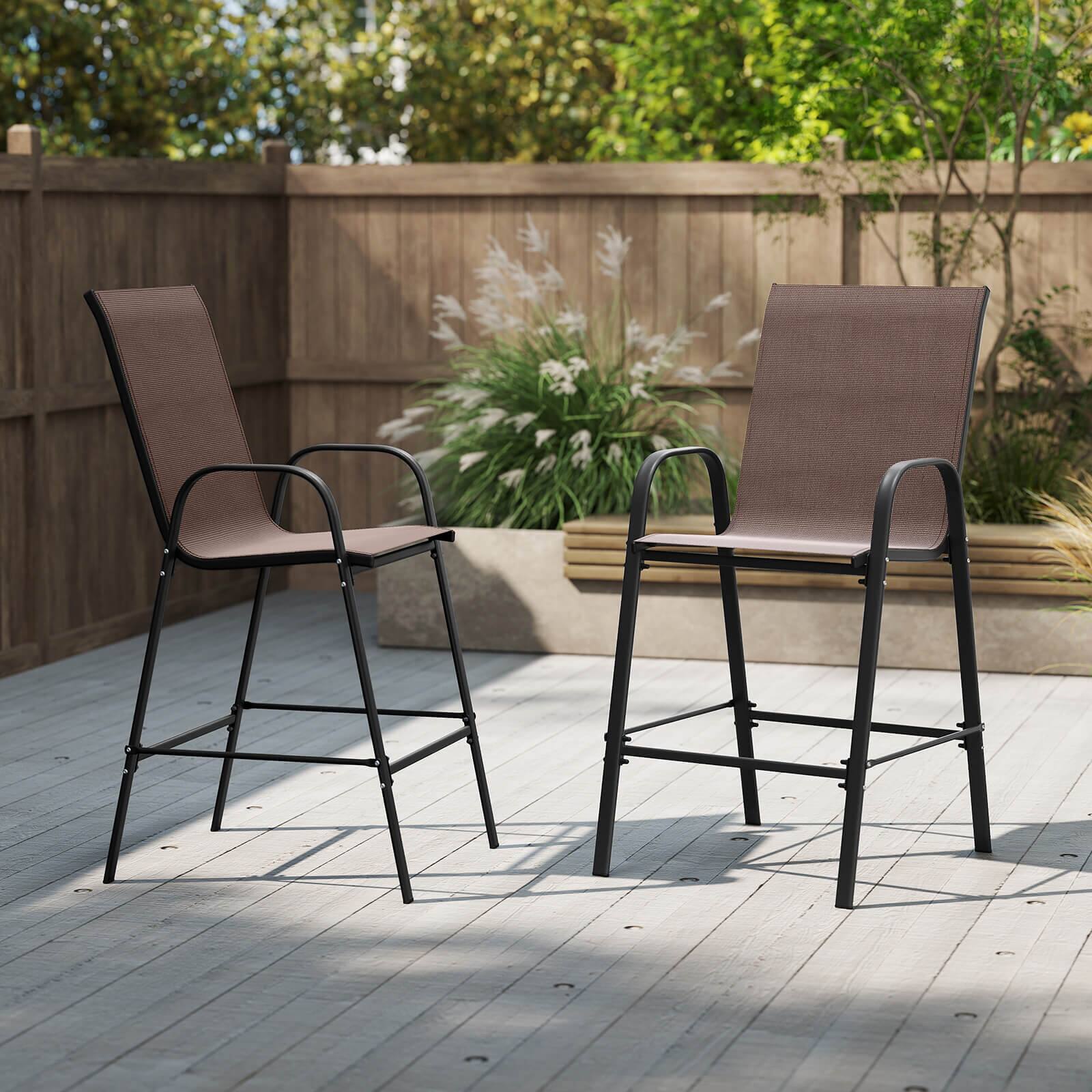 Alt View 1. Costway - Costway 2 PCS Outdoor Bar Stools 29" Fabric Bar Height Stools with Armrests & Footrest - Brown.