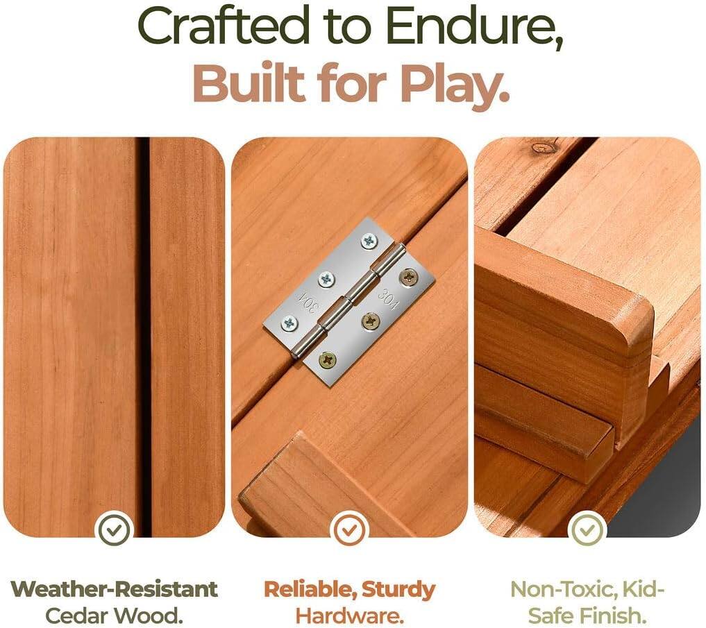 Crafted to Endure, Built for Play.

- Weather-Resistant Cedar Wood.
- Reliable, Sturdy Hardware.
- Non-Toxic, Kid-Safe Finish.