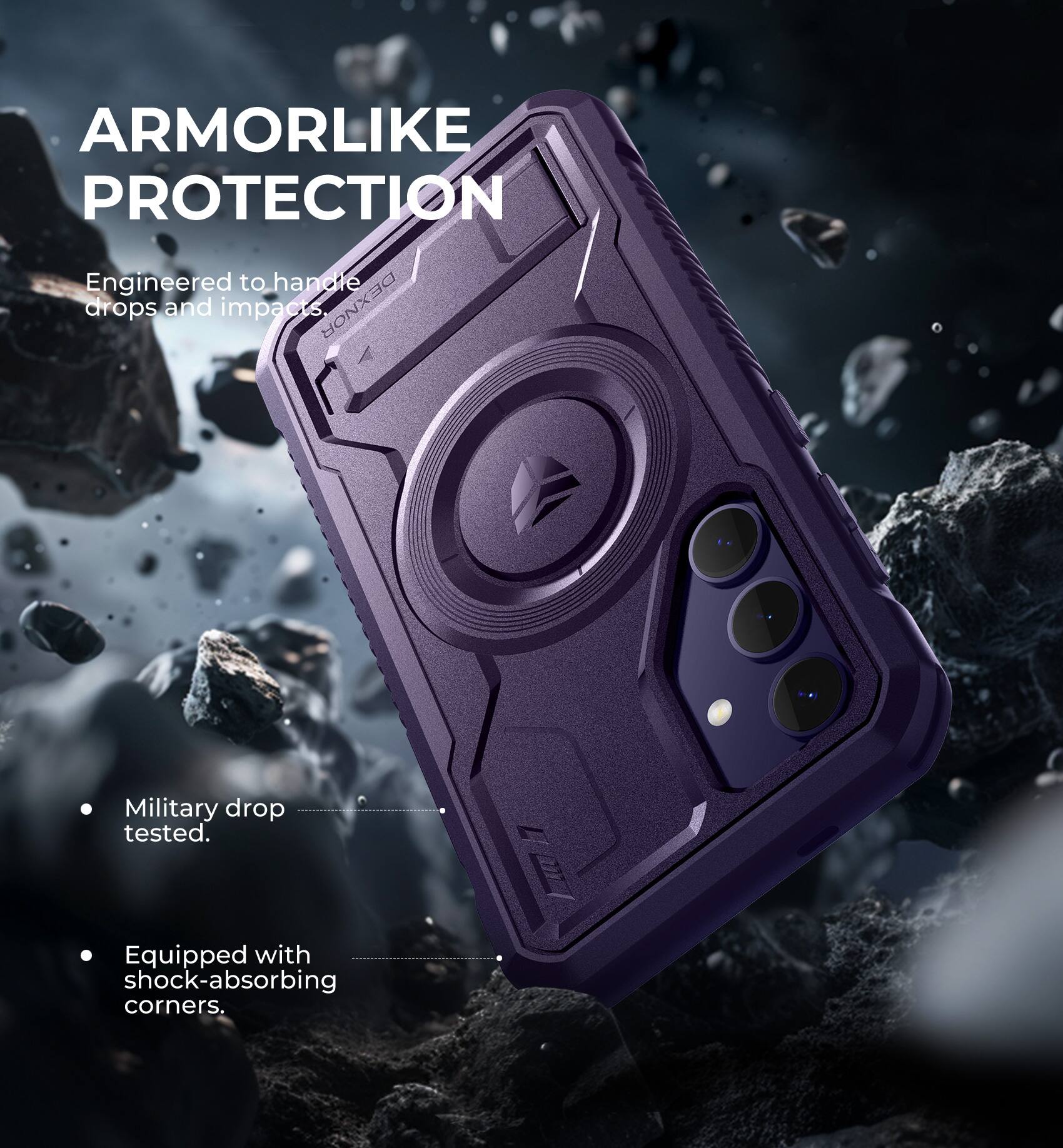 ARMORLIKE PROTECTION  
Engineered to handle drops and impacts.  
DEXNOR Military drop tested.  
Equipped with shock-absorbing corners.