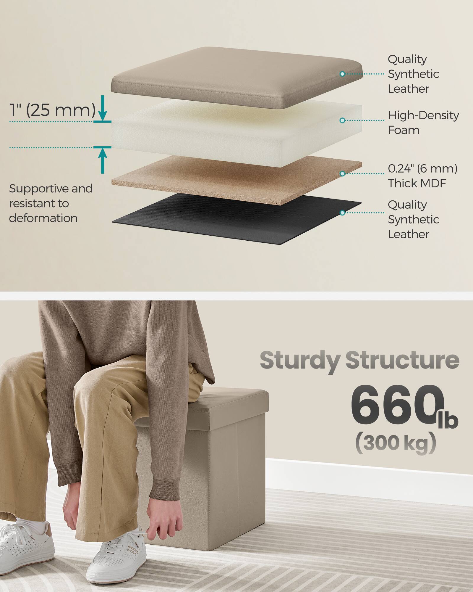 - 1" (25 mm) Quality Synthetic Leather High-Density Foam Supportive and resistant to deformation
- 0.24" (6 mm) Thick MDF Quality Synthetic Leather
- Sturdy Structure 660 lb (300 kg)