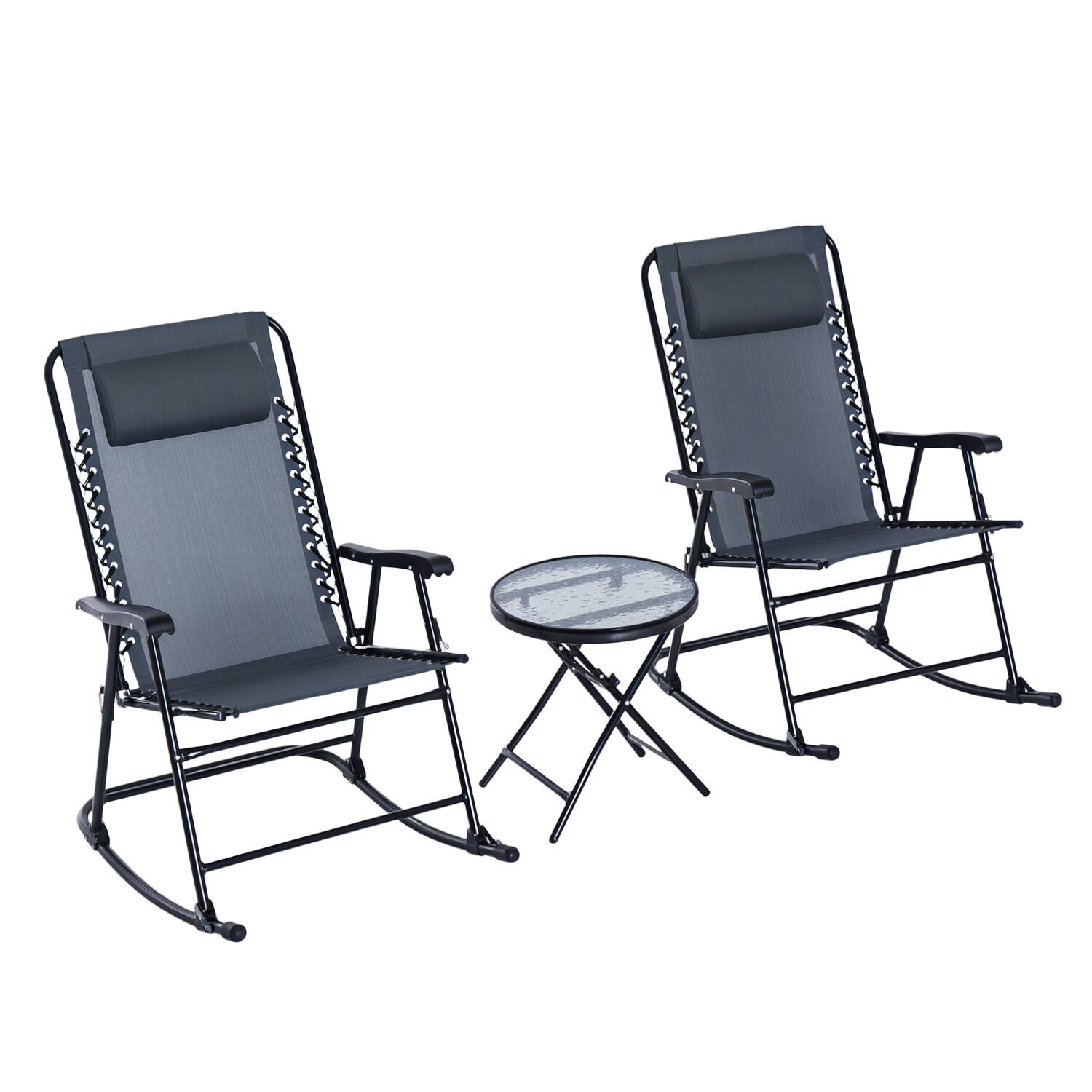 Outsunny - 3 Piece Outdoor Rocking Bistro Set, Patio Folding Chair Table Set with Glass Coffee Table for Yard, Patio - Gray
