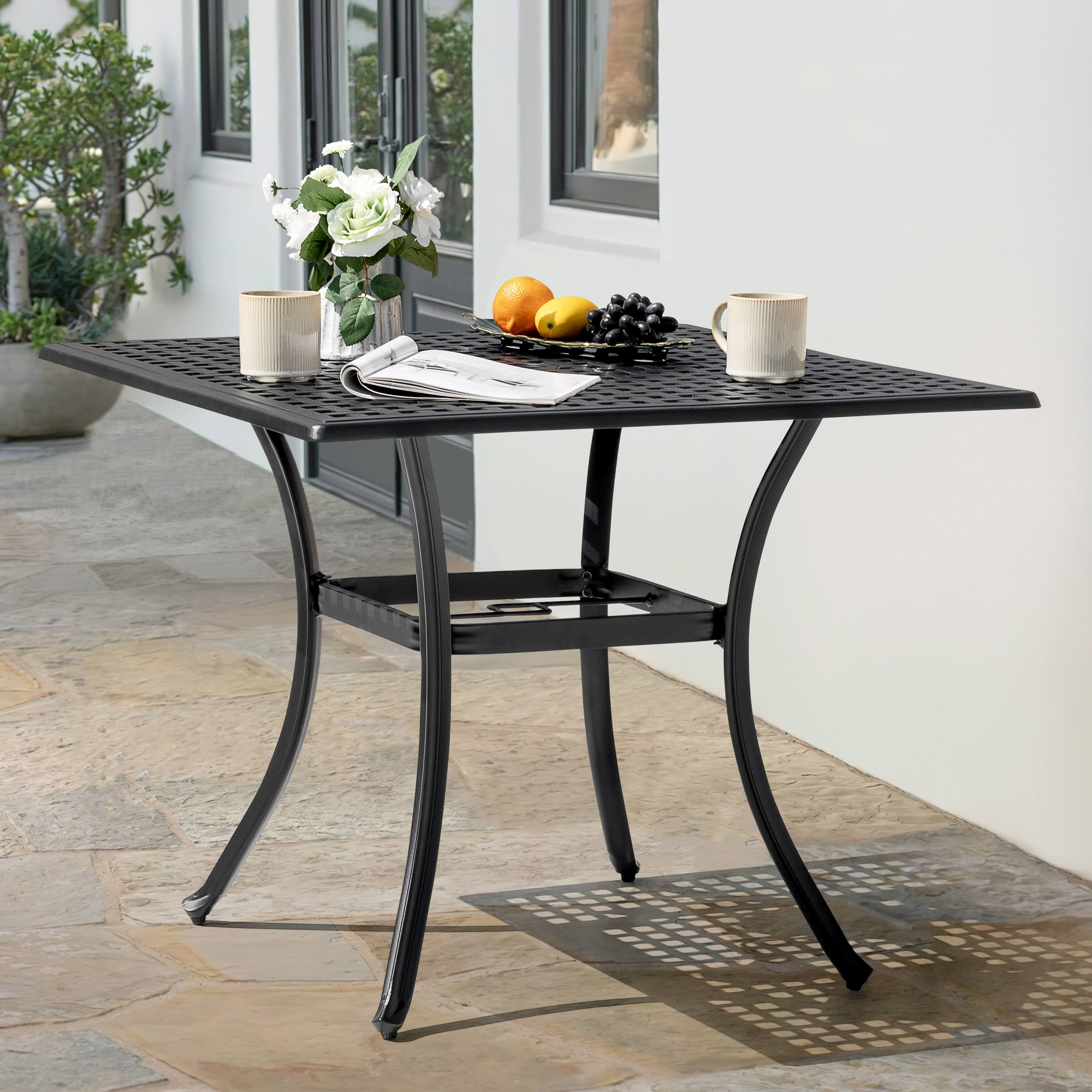 Alt View 7. Nuu Garden - 35.4'' Square Cast Aluminum Outdoor Dining Table with Umbrella Hole and Mesh Tabletop - Black with Gold Speckles.
