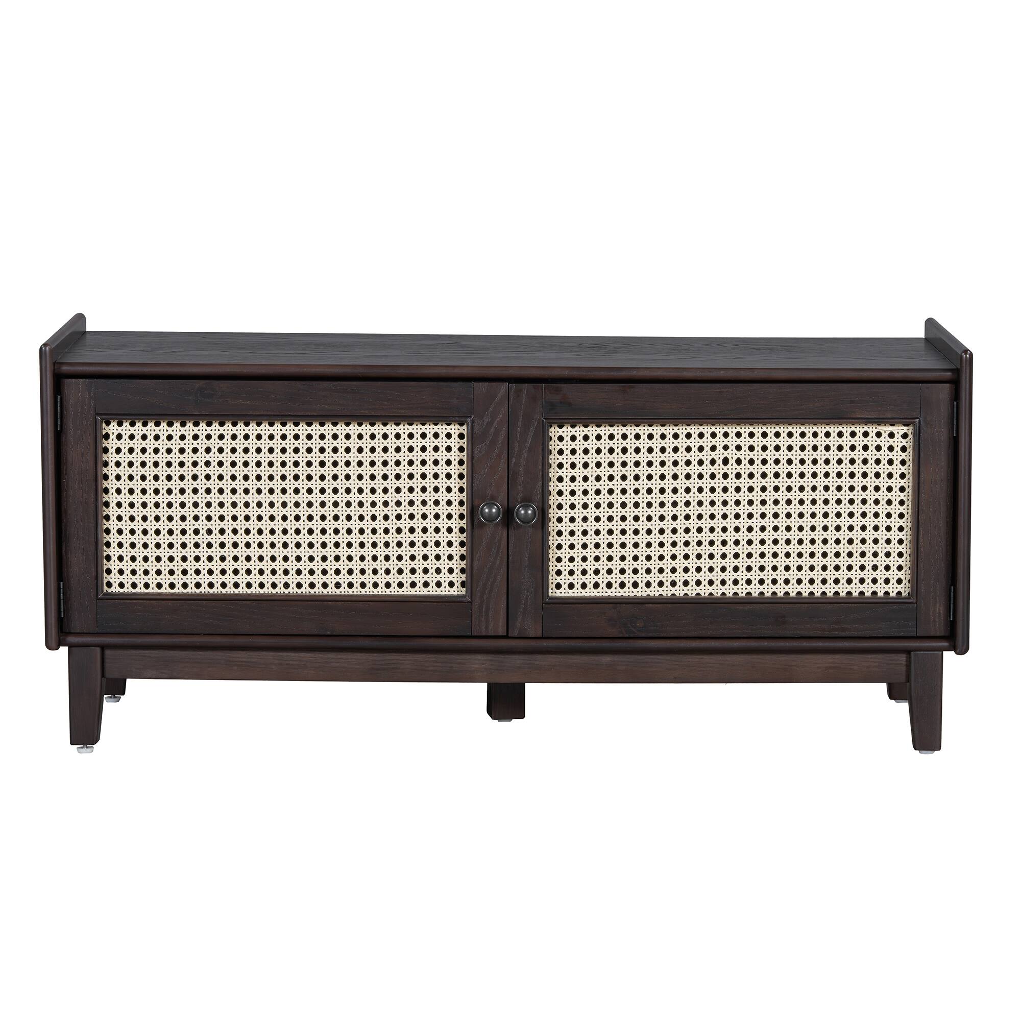 Alt View 2. Ropilly - Ropilly Boho Rattan Entryway Bench with Storage, Cushioned Shoe Organizer with Doors and Adjustable Shelves, Espresso - Espresso and Beige.