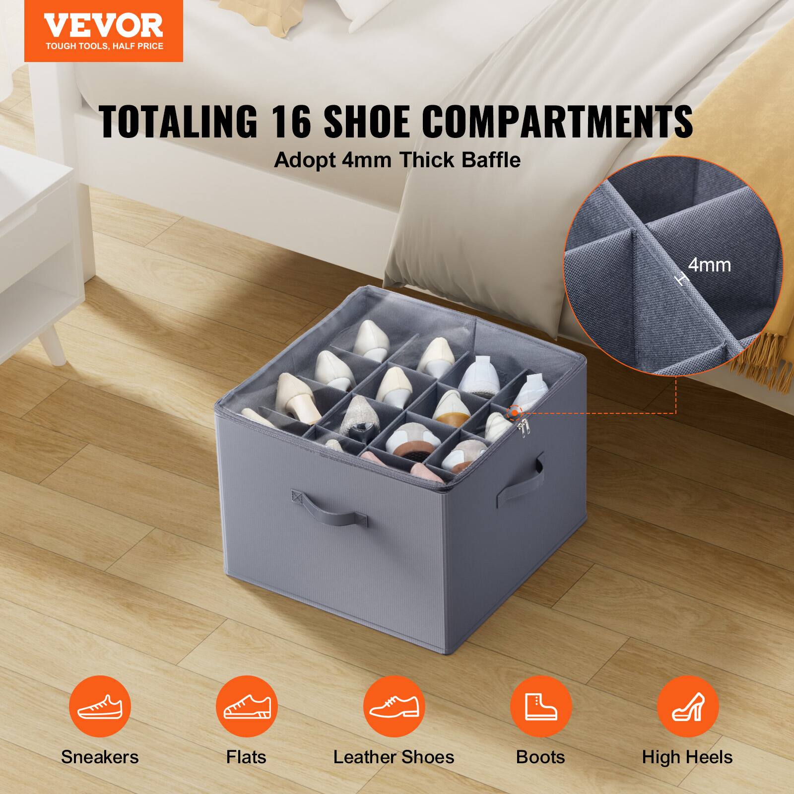 VEVOR  
TOUGH TOOLS, HALF PRICE  

TOTALING 16 SHOE COMPARTMENTS  
Adopt 4mm Thick Baffle  

Sneakers  
Flats  
Leather Shoes  
Boots  
High Heels