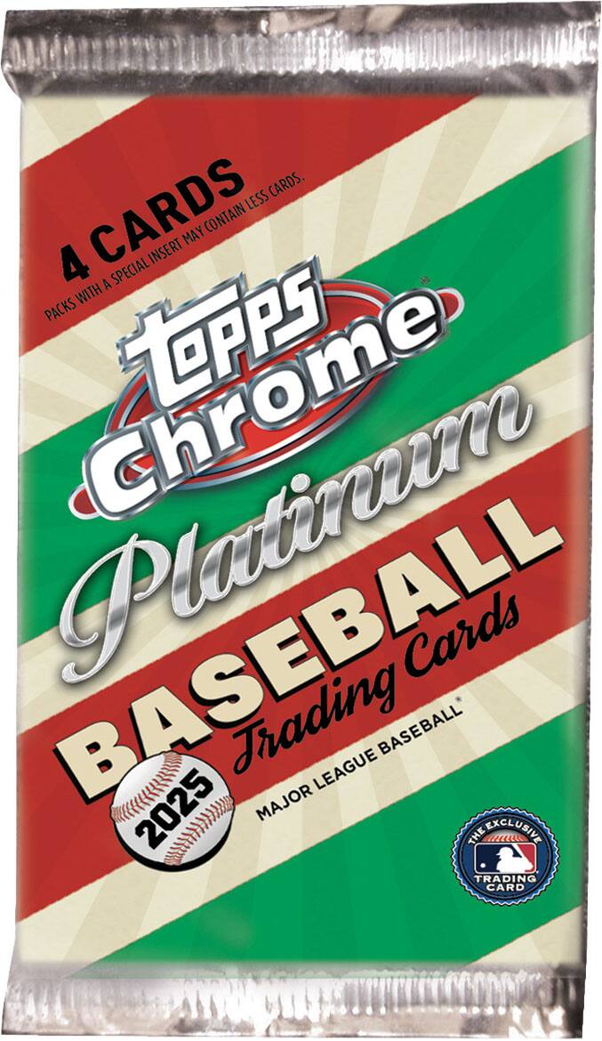 4 CARDS  
PACKS WITH A SPECIAL INSERT MAY CONTAIN LESS CARDS.  
Topps Chrome  
Platinum  
BASEBALL  
Trading Cards  
2025  
MAJOR LEAGUE BASEBALL  
THE EXCLUSIVE TRADING CARD