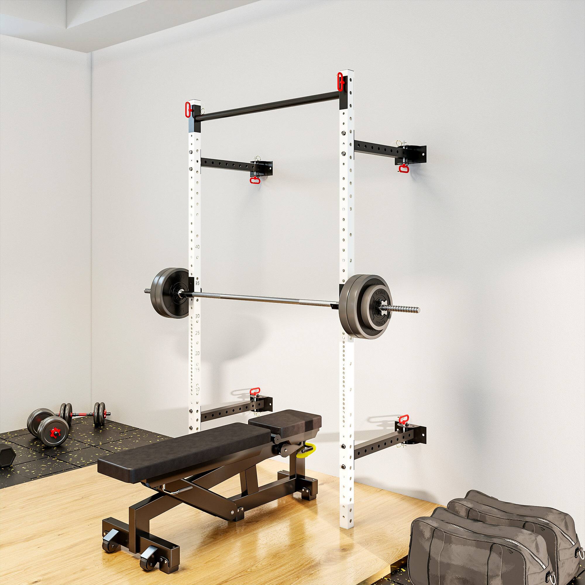 Alt View 7. Soozier - Folding Squat Rack with Adjustable Pull-Up Bar, 1000 Pounds Capacity Wall Mounted Power Rack, Adjustable Barbell Rack - White.