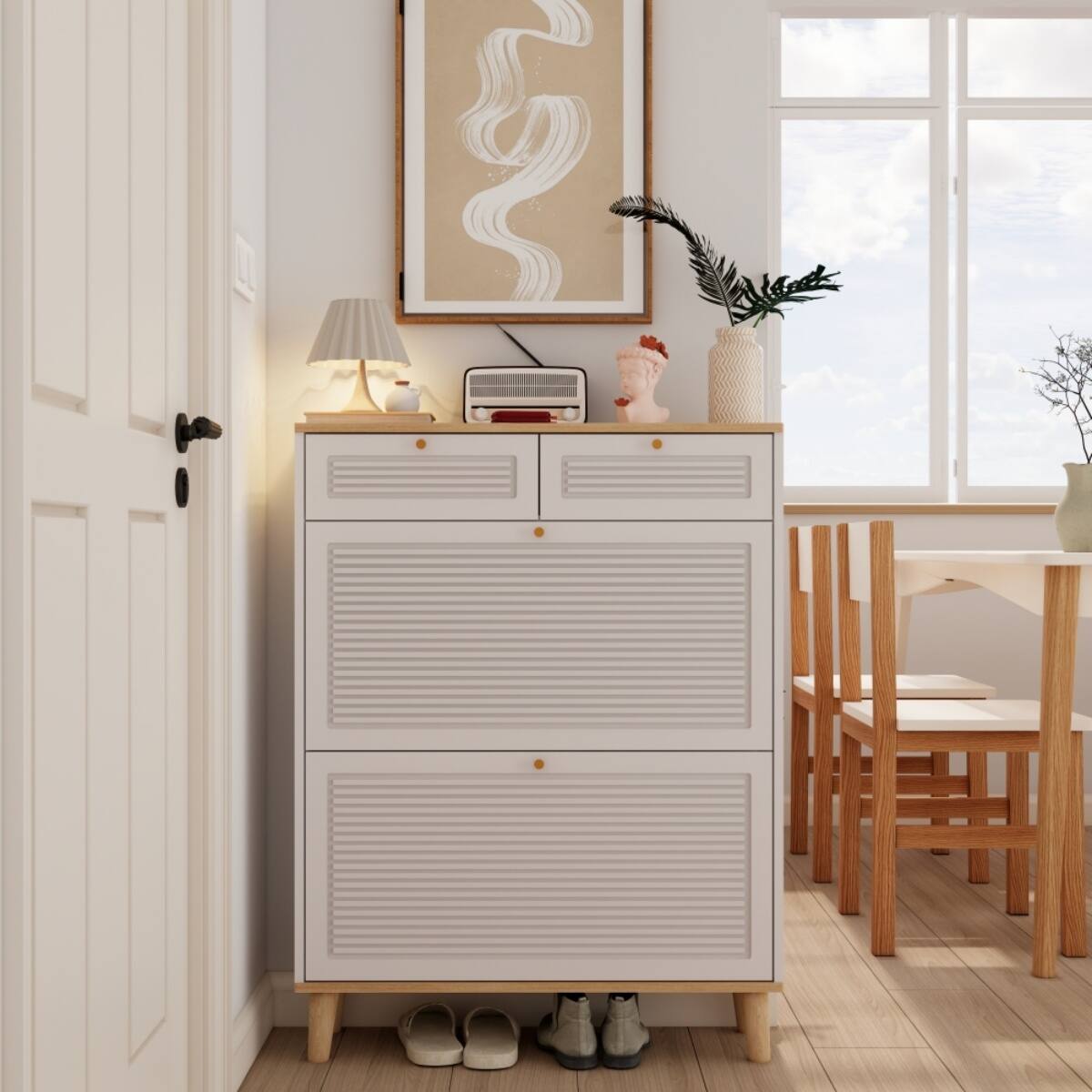 Alt View 1. Halitaa - Shoe Cabinet with 2 Flip-Up Doors & 2 Drawers - Modern Freestanding Shoe Organizer for Entryway Hallway & Apartments - White.